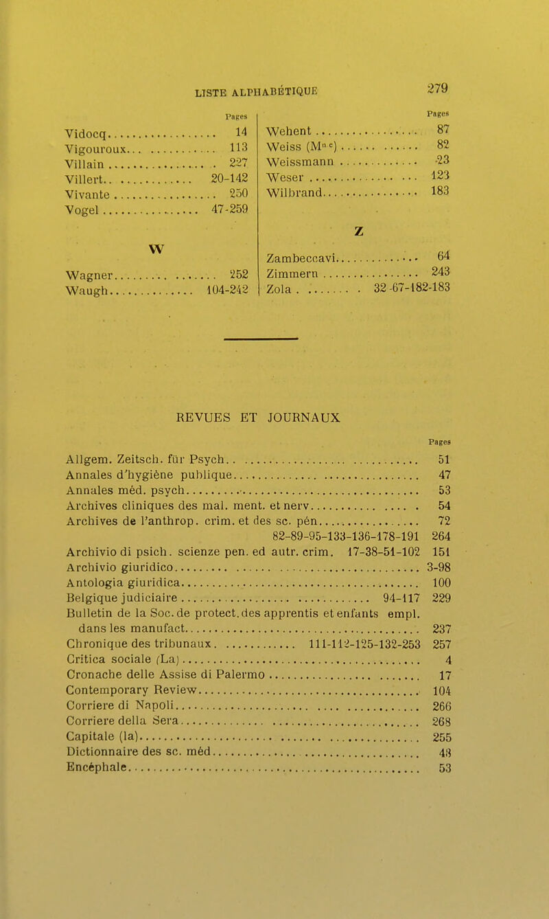 Pages Vidocq 14 Vigoureux 113 Villain 227 Villert 20-142 Vivante 250 Vogel 47-259 W Wagner 252 Waugh 104-242 Pages Wehent 87 Weiss (M 82 Weissmann -23 Weser 123 Wilbrand 183 Z Zambecoavi 64 Zimmern 243 Zola 32-67-182-183 REVUES ET JOURNAUX Pages Allgem. Zeitscli. fiir Psych 51 Annales d'hygiène publique 47 Annales méd. psych 53 Archives cliniques des mal. ment, etnerv 54 Archives de l'anthrop. crim. et des se. pén 72 82-89-95-133-136-178-191 264 Archivio di psich. scienze pen. ed autr. crim. 17-38-51-102 151 Archivio giuridico 3-98 Anlologia giuridica 100 Belgique judiciaire 94-117 229 Bulletin de la Soc.de protect.des apprentis et enfants empl, dans les manufact 237 Chronique des tribunaux 111-112-125-132-253 257 Gritica sociale (La) 4 Cronache délie Assise di Palermo 17 Contemporary Review 104 Corriere di Napoli 266 Corriere délia Sera 268 Capitale (la) 255 Dictionnaire des se. méd 4,'} Encéphale 53
