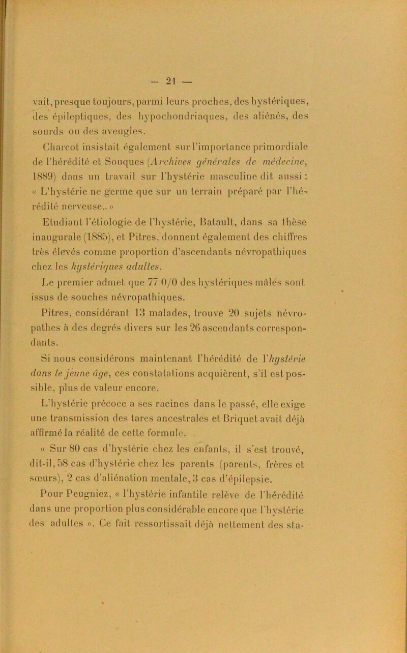 vait, presque toujours, parmi leurs proches, des hystériques, des épileptiques, des hypochondriaques, des aliénés, des sourds ou des aveugles. Charcot insistait également sur l’importance primordiale de l'hérédité et Souques (Archives générales de médecine, 1889) dans un travail sur l’hystérie masculine dit aussi : « L’hystérie ne germe que sur un terrain préparé par l’hé- rédité nerveuse.- » Etudiant l’étiologie de l’hystérie, Batault, dans sa thèse inaugurale (1885), et Pitres, donnent également des chiffres très élevés comme proportion d’ascendants névropathiques chez les hystériques adultes. Le premier admet que 77 0/0 des hystériques mû lés sont issus de souches névropathiques. Pitres, considérant 13 malades, trouve 20 sujets névro- pathes à des degrés divers sur les 26 ascendants correspon- dants. Si nous considérons maintenant l’hérédité de Y hystérie dans le jeune âge, ces constatations acquièrent, s'il est pos- sible, plus de valeur encore. L'hystérie précoce a scs racines dans le passé, elle exige une transmission des lares ancest rales et Briquet avait déjà affirmé la réalité de cel te formule. « Sur 80 cas d’hystérie chez les enfants, il s’est trouvé, dit-il, 58 cas d’hystérie chez les parents (parents, frères et sœurs), 2 cas d’aliénation mentale, 3 cas d’épilepsie. Pour Peugniez, « l’hystérie infantile relève de l’hérédité dans une proportion plus considérable encore que l’hystérie des adultes ». Ce fait ressortissait déjà nettement des sta-