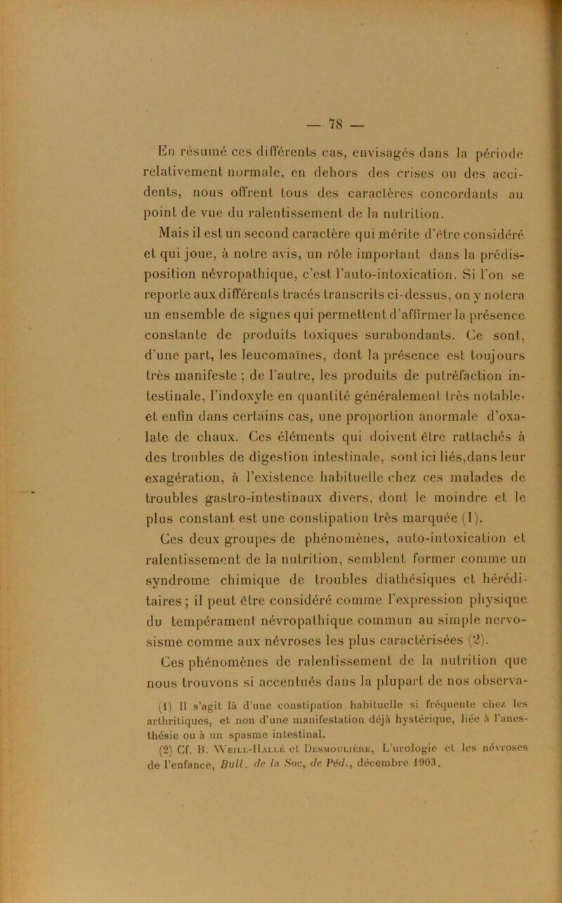 En résumé ces différents cas, envisagés dans la période relativement normale, en dehors des crises ou des acci- dents, nous offrent tous des caractères concordants au point de vue du ralentissement de la nutrition. Mais il est un second caractère qui mérite d’étrc considéré et qui joue, à notre avis, un rôle important dans la prédis- position névropathique, c’est l’auto-intoxication. Si l’on se reporte aux différents tracés transcrits ci-dessus, on y notera un ensemble de signes qui permettent d'affirmer la présence constante de produits toxiques surabondants. Ce sont, d’une part, les leucomaïnes, dont la présence est toujours très manifeste ; de l’autre, les produits de putréfaction in- testinale, l’indoxyle en quantité généralement très notable» et enfin dans certains cas, une proportion anormale d’oxa- late de chaux. Ces éléments qui doivent être rattachés à des troubles de digestion intestinale, sont ici liés,dans leur exagération, à l’existence habituelle chez ces malades de troubles gastro-intestinaux divers, dont le moindre et le plus constant est une constipation très marquée (1). Ces deux groupes de phénomènes, auto-intoxication et ralentissement de la nutrition, semblent former comme un syndrome chimique de troubles diathésiques et hérédi- taires; il peut être considéré comme l'expression physique du tempérament névropathique commun au simple nervo- sisme comme aux névroses les plus caractérisées (2). Ces phénomènes de ralentissement de la nutrition que nous trouvons si accentués dans la plupart de nos obscrva- (1) Il s’agit là d’une constipation habituelle si fréquente chez les arthritiques, et non d’une manifestation déjà hystérique, liée à l’anes- thésie ou à un spasme intestinal. (2) Cf. B. Weill-IIallé et Desmoulièhe, L’urologie et les névroses de l’enfance, Bull, fie lu Soc, de Péd., décembre 1903.