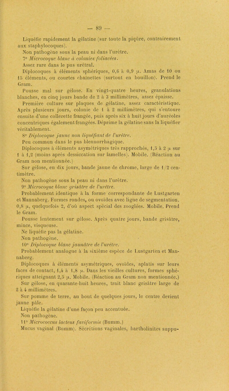 Liquéfie rapidement la gélatine (sur toute la piqûre, contrairement aux staphylocoques). Non pathogène sous la peau ni dans l’urètre. 7° Microcoque blanc à colonies foliacées. Assez rare clans le pus urétral. Diplocoques à éléments sphériques, 0,6 à 0,9 jjl. Amas de 10 ou 15 éléments, ou courtes chaînettes (surtout en bouillon). Prend le Gram. Pousse mal sur gélose. En vingt-quatre heures, granulations blanches, en cinq jours bande de 2 à 3 millimètres, assez épaisse. Première culture sur plaques de gélatine, assez caractéristique. Après plusieurs jours, colonie de 1 à 2 millimètres, qui s’entoure ensuite d’une collerette frangée, puis après six à huit jours d’auréoles concentriques également frangées. Déprime la gélatine sans la liquéfier véritablement. 8° Diplocoque jaune non liquéfiant de l'urètre. Peu commun dans le pus blennorrhagique. Diplocoques à éléments asymétriques très rapprochés, 1,5 à 2 p sur 1 à 1,2 (moins après dessiccation sur lamelles). Mobile. (Réaction au Gram non mentionnée.) Sur gélose, en dix jours, bande jaune de chrome, large de 1/2 cen- timètre. Non pathogène sous la peau ni dans l’urètre. 9° Microcoque blanc grisâtre de l'urètre. Probablement identique à la forme correspondante de Lustgarten etMannaberg. Formes rondes, ou ovoïdes avec ligne de segmentation. 0,8 pi, quelquefois 2, d’où aspect spécial des zooglées. Mobile. Prend le Gram. Pousse lentement sur gélose. Après quatre jours, bande grisâtre, mince, visqueuse. Ne liquéfie pas la gélatine. Non pathogène. 10° Diplocoque blanc jaunâtre de l'urètre. Probablement analogue à la sixième espèce de Lustgarten et Man- naberg. Diplocoques à éléments asymétriques, ovoïdes, aplatis sur leurs faces de contact, 1,4 à 1,8 pi. Dans les vieilles cultures, formes sphé- riques atteignant 2,5 pi. Mobile. (Réaction au Gram non mentionnée.) Sur gélose, en quarante-huit heures, trait blanc grisâtre large de 2 à 4 millimètres. Sur pomme de terre, au bout de quelques jours, le centre devient jaune pâle. Liquéfie la gélatine d’une façon peu accentuée. Non pathogène. 11° Micrococcus lacleus faviformis (Bumm.) Mucus vaginal (Bumm). Sécrétions vaginales, bartholinites suppu-