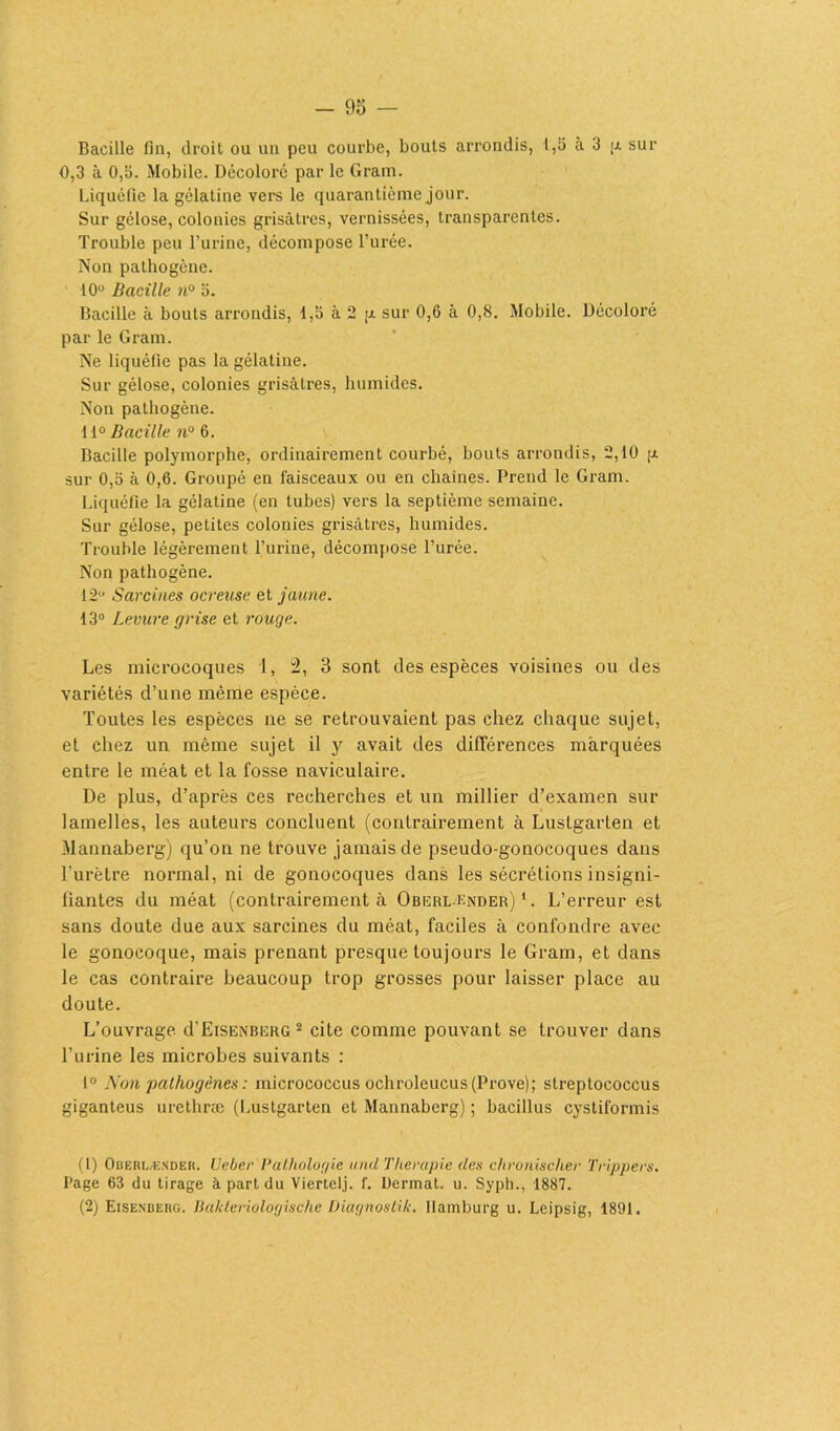 Bacille fin, droit ou un peu courbe, bouts arrondis, 1,5 à 3 p sur 0,3 à 0,5. Mobile. Décoloré par le Gram. Liquéfie la gélatine vers le quarantième jour. Sur gélose, colonies grisâtres, vernissées, transparentes. Trouble peu l’urine, décompose l’urée. Non pathogène. 10° Bacille n° 5. Bacille à bouts arrondis, 1,5 à 2 j-t sur 0,6 à 0,8. Mobile. Décoloré par le Gram. Ne liquéfie pas la gélatine. Sur gélose, colonies grisâtres, humides. Non pathogène. 11° Bacille n° 6. Bacille polymorphe, ordinairement courbé, bouts arrondis, 2,10 p sur 0,5 à 0,6. Groupé en faisceaux ou en chaînes. Prend le Gram. Liquéfie la gélatine (en tubes) vers la septième semaine. Sur gélose, petites colonies grisâtres, humides. Trouble légèrement l’urine, décompose l’urée. Non pathogène. 12° Sarcines ocreuse et jaune. 13° Levure grise et rouge. Les microcoques 1, 2, 3 sont des espèces voisines ou des variétés d’une même espèce. Toutes les espèces ne se retrouvaient pas chez chaque sujet, et chez un même sujet il y avait des différences marquées entre le méat et la fosse naviculaire. De plus, d’après ces recherches et un millier d’examen sur lamelles, les auteurs concluent (contrairement à Luslgarten et Mannaberg) qu’on ne trouve jamais de pseudo-gonocoques dans l’urètre normal, ni de gonocoques dans les sécrétions insigni- fiantes du méat (contrairement à Oberl.ender) 1. L’erreur est sans doute due aux sarcines du méat, faciles à confondre avec le gonocoque, mais prenant presque toujours le Gram, et dans le cas contraire beaucoup trop grosses pour laisser place au doute. L’ouvrage d’EtSENBERG1 2 cite comme pouvant se trouver dans l’urine les microbes suivants : 1° Non pathogènes : micrococcus ochroleucus(Prove); streptococcus giganteus urethræ (Lustgarten et Mannaberg) ; bacillus cystiformis (1) Oberl.'ENdeh. Ueber Pathologie unit Thérapie des chronischer Trippers. Page 63 du tirage à part du Viertelj. f. Üermat. u. Syph., 1887. (2) Eisenbehg. Bakleriologische Diagnoslik. Ilamburg u. Leipsig, 1891.