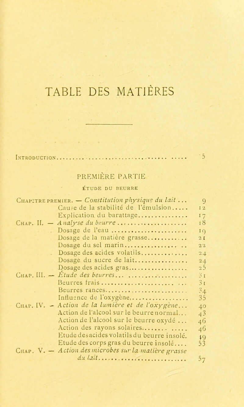 TABLE DES MATIERES Introduction PREMIERE PARTIE ÉTUDE DU BEURRE Chahitre PREMIER. — Constitution physique du lait... Cau.-e de la stabilité de l’émulsion Explication du barattage Chap. II. — Analyse du beurre Dosage de l’eau Dosage de la matière grasse Dosage du sel marin Dosage des acides volatils Dosage du sucre de lait Dosage des acides gras Gu AP. III. — Étude des beurres Beurres frais Beurres rances Influence de l'oxygène Chap. IV. — Action de la lumière et de l'oxygène... Action de l'alcool sur le beurre normal... Action de l’alcool sur le beurre oxydé ... Action des rayons solaires Etudedesacidesvolatilsdu beurre insolé. Etude des corps gras du beurre insolé.... Chap. V. — Action des microbes sur la matière grasse du lait