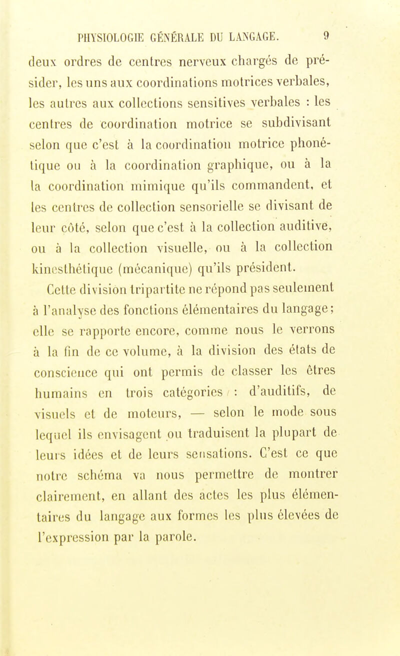 deux ordres de centres nerveux chargés de pré- sider, les uns aux coordinations motrices verbales, les autres aux collections sensitives verbales : les centres de coordination motrice se subdivisant selon que c'est à la coordination motrice phoné- tique ou à la coordination graphique, ou à la la coordination mimique qu'ils commandent, et les centres de collection sensorielle se divisant de leur côté, selon que c'est à la collection auditive, ou à la collection visuelle, ou à la collection kinesthétique (mécanique) qu'ils président. Cette division tripartite ne répond pas seulement à l'analyse des fonctions élémentaires du langage; elle se rapporte encore, comme nous le verrons à la fin de ce volume, à la division des états de conscience qui ont permis de classer les êtres humains en trois catégories / : d'auditifs, de visuels et de moteurs, — selon le mode sous lequel ils envisagent ou traduisent la plupart de leurs idées et de leurs sensations. C'est ce que notre schéma va nous permettre de montrer clairement, en allant des actes les plus élémen- taires du langage aux formes les plus élevées de l'expression par la parole.
