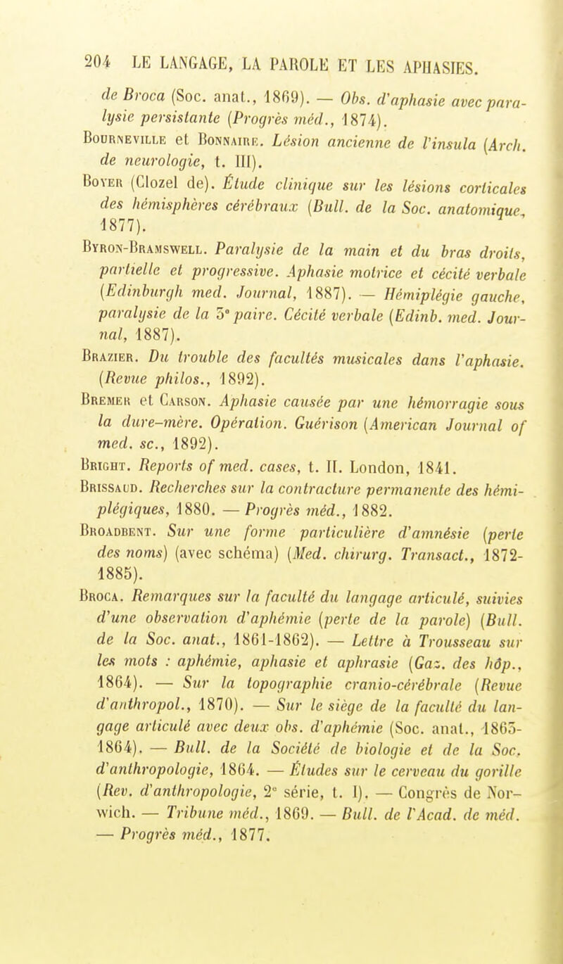deBroca (Soc. anat., 1869). — Obs. d'aphasie avec para- lysie persistante [Progrès méd., 1874). BouRNEviLLE ct BoNNAïuK. Lésioïi ancienne de Vinsula (Arcli. de neurologie, t. III). BoYEU (Clozel de). Étude clinique sur les lésions corticales des hémisphères cérébraux [Bull, de la Soc. anatomique 1877). Byron-Bramswell. Paralysie de la main et du bras droits, partielle et progressive. Aphasie motrice et cécité verbale (Edinburgh med. Journal, 1887). — Hémiplégie gauche, paralysie de la 'ô paire. Cécité verbale (Edinb. med. Jour- nal, 1887). Brazier. Du trouble des facultés musicales dans l'aphasie. (Revue philos., 1892). Bremek et Carson. Aphasie causée par une hémorragie sous la dure-mère. Opération. Guérison (American Journal of med. se, 1892). Bright. Reports of med. cases, t. II. London, 1841. Brissaud. Recherches sur la contracture permanente des hémi- plégiques, 1880. —Progrès méd., 1882. Broadbent. Sur une forme particulière d'amnésie (perle des noms) (avec schéma) (Med. chirurg. Transact., 1872- 1885). Broca. Remarques sur la faculté du langage articulé, suivies d'une observation d'aphémie (perte de la parole) (Bull, de la Soc. anat., 1861-1862). — Lettre à Trousseau sur les mots : aphémie, aphasie et aphrasie (Gaz. des hâp., 1864). — Siir la topographie cranio-céréhrale (Revue d'anthropol., 1870). — Sur le siège de la faculté du lan- gage articulé avec deux obs. d'aphémie (Soc. anat., 1865- 1864). — Bull, de la Société de biologie et de la Soc, d'anthropologie, 1864. — Éludes sur le cerveau du gorille (Rev. d'anthropologie, 2 série, t. I). — Congrès de Nor- wich. — Tribune méd., 1869. — Bull, de VAcad. de méd. — Progrès méd., 1877.