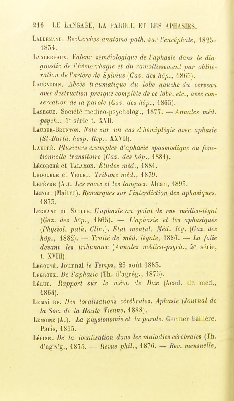 Lallemand. Recherches anatomo-path. sur l'encéphale, 18'2o- 1854. Lancereaux. Valeur séméiologique de l'aphasie dans le dia- gnostic de riiémorrhagie et du ramollissement par oblitc- ralion de l'arlère de Sylvijis {Gaz. des hôp., 1865). Laugaudin. Abcès traumalique du lobe gauche du cerveau avec deslruciio7i presque complèle de ce lobe, etc., avec con- servation de la parole (Gaz. des hôp., 1865). Lasègue. Société médico-psycholog., 1877.—Annales méd. psych., 5° série t. XVII. Lauder-Brunïon. Note sur un cas d'hémiplégie avec aphasie (St-Barth. hosp. Rep., XXVII). Lautré. Plusieurs exemples d'aphasie spasmodique ou fonc- tionnelle transitoire {Gaz. des hôp., 1881). Lécorché et Talamon. Études méd., 1881. Ledouble et Violet. Tribune méd., 1879. Lefèvre (A.). Les races et les langues. Alcan, 1893. Lefort (Mailre). Remarques sîir l'interdiction des aphasiques, 1873. Legrand du Saulle. L'aphasie au point de vue médico-légal {Gaz. des hôp., 1865). — L'aphasie et les aphasiques (Pliysiol. path. Clin.). État mental. Méd. lég. {Gaz. des hôp., 1882). — Traité de méd. légale, 1886. — La folie devant les tribunaux (Annales médico-psych., 5° série, t. XVIII). Legouvé. Journal le Temps, 23 août 1883. Legroux. De l'aphasie (Th. d'agrég., 1875). Lélut. Rapport sur le mém. de Dax (Acad. de méd., 1864). Lemaître. Des localisations cérébrales. Aphasie (Journal de la Soc. de la Haute-Vienne, 1888). Lemoine (A.). La physionomie et la parole. Germer Baillère. Paris, 1865. LÉPiNE. De la localisation dans les maladies cérébrales (Th. d'agrég., 1875. — Revue phil., 1876. — Rev. mensuelle,