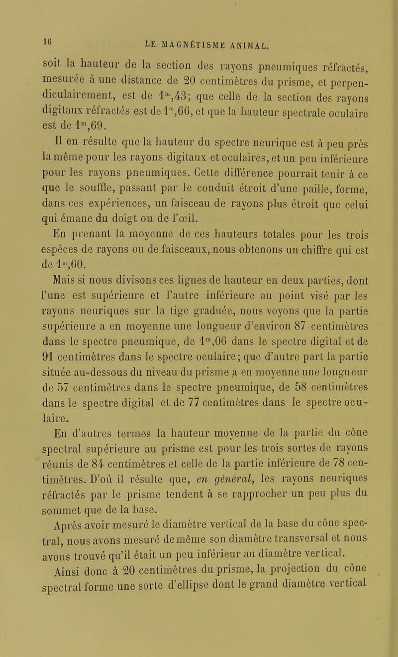 soit la hauteur de la section des rayons pneumiques réfractés, mesurée à une distance de 20 centimètres du prisme, et perpen- diculairement, est de lm,43; que celle de la section des rayons digitaux réfractés est dcl,n,66, et que la hauteur spectrale oculaire est de lm,69. Il en résulte que la hauteur du spectre neuriqué est à peu près la même pour les rayons digitaux et oculaires, et un peu inférieure pour les rayons pneumiques. Cette différence pourrait tenir à ce que le souffle, passant par le conduit étroit d'une paille, forme, dans ces expériences, un faisceau de rayons plus étroit que celui qui émane du doigt ou de l'œil. En prenant la moyenne de ces hauteurs totales pour les trois espèces de rayons ou de faisceaux, nous obtenons un chiffre qui est de lm,60. Mais si nous divisons ces lignes de hauteur en deux parties, dont l'une est supérieure et l'autre inférieure au point visé par les rayons neuriques sur la lige graduée, nous voyons que la partie supérieure a en moyenne une longueur d'environ 87 centimètres dans le spectre pneumique, de lm,06 dans le spectre digital et de 91 centimètres dans le spectre oculaire; que d'autre part la partie située au-dessous du niveau du prisme a en moyenne une longueur de 57 centimètres dans le spectre pneumique, de 58 centimètres dans le spectre digital et de 77 centimètres dans le spectre ocu- laire. En d'autres termes la hauteur moyenne de la partie du cône spectral supérieure au prisme est pour les trois sortes de rayons réunis de 84 centimètres et celle de la partie inférieure de 78 cen- timètres. D'où il résulte que, en général, les rayons neuriques réfractés par le prisme tendent à se rapprocher un peu plus du sommet que de la base. Après avoir mesuré le diamètre vertical de la base du cône spec- tral, nous avons mesuré de même son diamètre transversal et nous avons trouvé qu'il était un peu inférieur au diamètre vertical. Ainsi donc à 20 centimètres du prisme, la projection du cône spectral forme une sorte d'ellipse dont le grand diamètre vertical