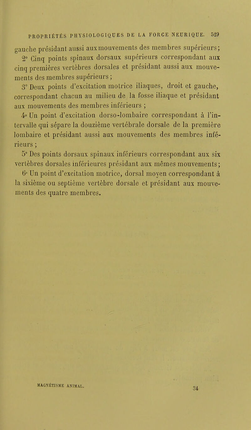 gauche présidant aussi aux mouvements des membres supérieurs; 2° Cinq points spinaux dorsaux supérieurs correspondant aux cinq premières vertèbres dorsales et présidant aussi aux mouve- ments des membres supérieurs ; 3° Deux points d'excitation motrice iliaques, droit et gauche, correspondant chacun au milieu de la fosse iliaque et présidant aux mouvements des membres inférieurs ; 4° Un point d'excitation dorso-lombaire correspondant à l'in- tervalle qui sépare la douzième vertébrale dorsale de la première lombaire et présidant aussi aux mouvements des membres infé- rieurs ; 5° Des points dorsaux spinaux inférieurs correspondant aux six vertèbres dorsales inférieures présidant aux mêmes mouvements; 6° Un point d'excitation motrice, dorsal moyen correspondant à la sixième ou septième vertèbre dorsale et présidant aux mouve- ments des quatre membres. MAGNÉTISME ANIMAL. 34