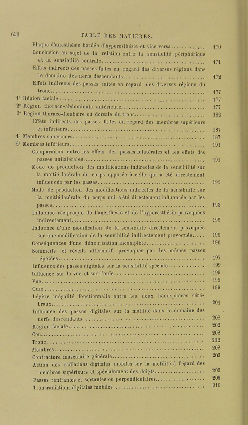 Plaque d'anesthésie bordée d'hypereslliésie et vice versa 170 Conclusion au sujet de la relation entre la sensibilité périphérique et la sensibilité centrale 171 Effets indirects des passes faites en regard des diverses régions dans le domaine des nerfs descendants 172 Effets indirects des passes faites en regard des diverses régions du tronc 177 1° Région facialo 177 2° Région thoraco-abdominale antérieure 177 3° Région thoraco-lombaire ou dorsale du tronc. 182 Effets indirects des passes faites en regard des membres supérieurs et inférieurs 187 1° Membres supérieurs 187 2° Membres inférieurs 191 Comparaison entre les effets des passes bilatérales et les effets des passes unilatérales 191 Mode de production des modifications indirectes de la sensibilité sur la moitié latérale du corps opposée à celle qui a été directement influencée par les passes 191 Mode de production des modifications indirectes de la sensibilité sur la moitié latérale du corps qui a été directement influencée par les passes 193 Influence réciproque de l'anesthésie et de l'hyperestbésie provoquées indirectement 195 Influence d'une modification de la sensibilité directement provoquée sur une modification de la sensibilité indirectement provoquée 195 Conséquences d'une déneurisation incomplète 196 Sommeils et réveils alternatifs provoqués par les mêmes passes répétées 197 Influence des passes digitales sur la sensibilité spéciale 199 Influence sur la vue et sur l'ouïe 199 Vue 199 Ouïe 199 • Légère inégalité fonctionnelle entre les deux hémisphères céré- braux 201 Influence des passes digitales sur la motilité dans le domaine des nerfs descendants 202 Région faciale 202 Cou 202 Tronc 202 Membres 202 Contracture musculaire générale 203 Action des radiations digitales mobiles sur la motilité à l'égard des membres supérieurs et spécialement des doigts 203 Passes rentrantes et sortantes ou perpendiculaires 209 Transradiations digitales mobiles 210