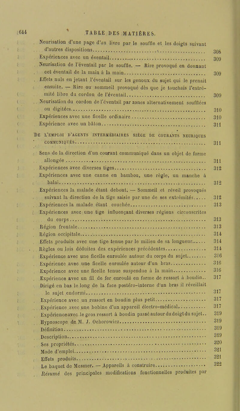 Neurisation d'une page d'an livre par le souffle et les doigts suivant d'autres dispositions 3Qg Expériences avec un éventail 309 Neurisation de l'éventail par le souffle. — Rire provoqué en donnant cet éventail de la main à la main 309 Effets nuls en jetant l'éventail sur les genoux du sujet qui le prenait ensuite. — Rire ou sommeil provoqué dès que je touchais l'extré- mité libre du cordon de l'éventail 309 Neurisation du cordon do l'éventail par zones alternativement soufllées ou digitées 310 Expériences avec une ficelle ordinaire 310 Expérience avec un bâton 311 De l'emploi d'agents intermédiaires siège de courants neuriques communiqués 311 Sens de la direction d'un courant communiqué dans un objet de forme allongée 311 Expériences avec diverses tiges 312 Expériences avec une canne en bambou, une règle, un manche à balai 312 Expériences la malade étant debout. — Sommeil et réveil provoqués suivant la direction de la tige saisie par une de ses extrémités 312 Expériences la malade étant couchée 313 Expériences avec une tige influençant diverses régions circonscrites du corps 313 Région frontale 313 Région occipitale 314 Effets produits avec une tige tenue par le milieu de sa longueur 314 Règles ou lois déduites des expériences précédentes 314 Expérience avec une ficelle enroulée autour du corps du sujet 316 Expérience avec une ficelle enroulée autour d'un bras 316 Expérience avec une ficelle tenue suspendue à la main 316 Expérience avec un fil de fer enroulé en forme de ressort à boudin.. 317 Dirigé en bas le long de la face postéro-interne d'un bras il réveillait le sujet endormi 317 Expérience avec un ressort en boudin plus petit 317 Expérience .avec une bobine d'un appareil électro-médical 317 Expérience avec le gros ressort à boudin passéautourdudoigtdu sujet.. 319 Hypnoscope de M. J. Ochorowicz 319 Définition 319 Description 319 Ses propriétés 320 Mode d'emploi 321 Effets produits 321 Le baquet de Mesmer. — Appareils à construire 322 Résumé des principales modifications fonctionnelles produites par