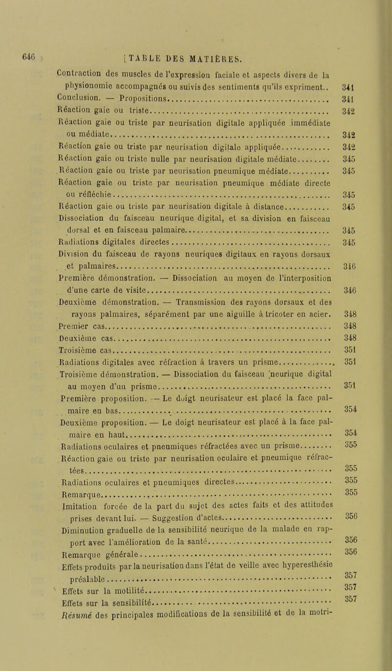 Contraction des muscles de l'expression faciale et aspects divers de la physionomie accompagnés ou suivis des sentiments qu'ils expriment.. 341 Conclusion. — Propositions 341 Réaction gaie ou triste 342 Réaction gaie ou triste par neurisation digitale appliquée immédiate ou médiate 342 Réaction gaie ou triste par neurisation digitale appliquée 342 Réaction gaie ou triste nulle par neurisation digitale médiate 345 Réaction gaie ou triste par neurisation pneumique médiate 345 Réaction gaie ou triste par neurisation pneumique médiate directe ou réfléchie 345 Réaction gaie ou triste par neurisation digitale à distance 345 Dissociation du faisceau neurique digital, et sa division en faisceau dorsal et en faisceau palmaire 345 Radiations digitales directes 345 Division du faisceau de rayons neuriques digitaux en rayons dorsaux et palmaires 316 Première démonstration. — Dissociation au moyen de l'interposition d'une carte de visite 346 Deuxième démonstration. — Transmission des rayons dorsaux et des rayons palmaires, séparément par une aiguille à tricoter en acier. 348 Premier cas 348 Deuxième cas 348 Troisième cas 351 Radiations digitales avec réfraction à travers un prisme 351 Troisième démonstration. — Dissociation du faisceau neurique digital au moyen d'un prisme 351 Première proposition. — Le doigt neurisateur est placé la face pal- maire en bas 354 Deuxième proposition. — Le doigt neurisateur est placé à la face pal- maire en haut 354 Radiations oculaires et pneumiques réfractées avec un prisme 355 Réaction gaie ou triste par neurisation oculaire et pneumique réfrac- tées 355 Radiations oculaires et pneumiques directes 355 Remarque 355 Imitation forcée de la part du sujet des actes faits et des attitudes prises devant lui. — Suggestion d'actes 356 Diminution graduelle de la sensibilité neurique de la malade en rap- port avec l'amélioration de la santé 356 Remarque générale 356 Effets produits par la neurisation dans l'état de veille avec hyperesthésie préalable 357 Effets sur la motilité 357 Effets sur la sensibilité • 357 Résumé des principales modifications de la sensibilité et de la motri-