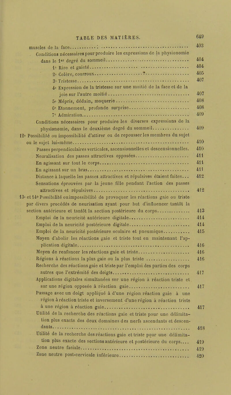 muscles de la face '• ** Conditions nécessaires pour produire les expressions de la physionomie dans le 1 degré du sommeil 404 1 Rire et gaieté 404 2» Colère, courroux ? 405 3'Tristesse 407 4» Expression de la tristesse sur une moitié de la face et de la joie sur l'autre moitié 407 5» Mépris, dédain, moquerie 408 G0 Etonnement, profonde surprise 408 7° Admiration 409 Conditions nécessaires pour produire les diverses expressions de la physionomie, dans le deuxième degré du sommeil 409 12» Possibilité ou impossibilité d'attirer ou de repousser les membres du sujet ou le sujet lui-même 410 Passes perpendiculaires verticales, ascensionnelles et descensionnelles. 410 Neuralisation des passes attractives opposées 411 En agissant sur tout le corps 411 En agissant sur un bras 411 Distance à laquelle les passes attractives et répulsives étaient faites... 412 Sensations éprouvées par la jeune fille pendant l'action des passes attractives et répulsives 412 13» et 14° Possibilité ouimpossibilité de provoquer les réactions gaie ou triste par divers procédés de neurisation ayant pour but d'influencer tantôt la section antérieure et tantôt la section postérieure du corps 413 Emploi de la neuricité antérieure digitale 414 Emploi delà neuricité postérieure digitale 414 Emploi de la neuricité postérieure oculaire et pneumique 415 Moyen d'abolir les réactions gaie et triste tout en maintenant l'ap- plication digitale 416 Moyen de renfoncer les réactions gaie et triste 416 Régions à réactions la plus gaie ou la plus triste 416 Recherche des réactions gaie et triste par l'emploi des parties des corps autres que l'extrémité des doigts 417 Applications digitales simultanées sur une région à réaction triste et sur une région opposée à réaction gaie 417 Passage avec un doigt appliqué à d'une région réaction gaie à une région à réaction triste et inversement d'une région à réaction triste à une région à réaction gaie 417 Utilité de la recherche des réactions gaie et triste pour une délimita- tion plus exacte des deux domaines des nerfs ascendants et descen- dants 4,|g Utilité de la recherche des réactions gaie et triste pour une délimita- tion plus exacte des sections antérieure et postérieure du corps 419 Zone neutre faciale 419 Zone neutre post-cervicale inférieure 420