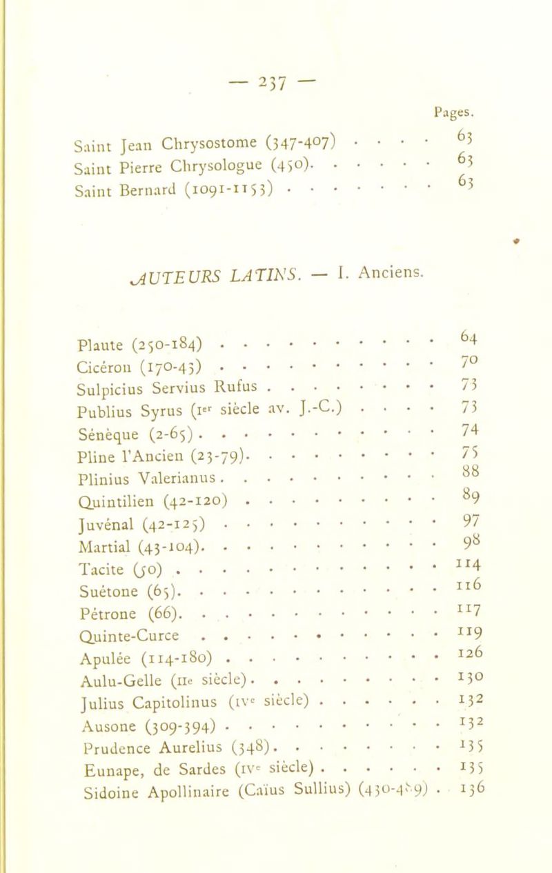 Pages. S:iint Jean Chrysostome (347-407) ■ • • • ^3 Saint Pierre Chrysologue (450) ^5 Saint Bernard (iogi-1153) AUTEURS LATINS. — I. Anciens. Piaule (250-184) ^4 Cicérou (17O-43) 7° Sulpicius Servius Rufus 73 Publius Syrus (i siècle av. J.-C) .... 73 Sénèque (2-65) 74 Pline l'Ancien (23-79) 75 Plinius Valerianus Quintilien (42-120) ^9 Juvénal (42-125) 97 Martial (43-'04) 9« Tacite (jo) 4 Suétone (65) Pétrone (66) 7 Quinte-Curce ^'9 Apulée (i 14-180) 126 Aulu-Gelle (lu- siècle) 130 Julius Capitolinus (iv= siècle) 132 Ausone (309-394) ^3^ Prudence Aurelius (348) -13 5 Eunape, de Sardes (iv- siècle) 13 5 Sidoine Apollinaire (Caius SuUius) (430-4.^9) . 136