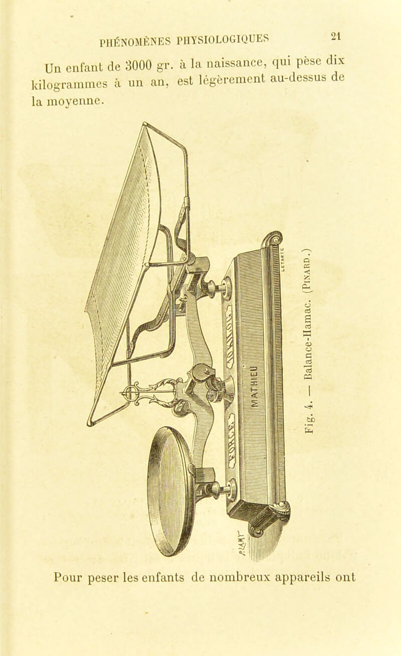 Un enfent de 3000 gr. à la naissance, qui pèse ( kilogrammes à un an, est légèrement au-dessus la moyenne. Pour peser les enfants de nombreux appareils ont
