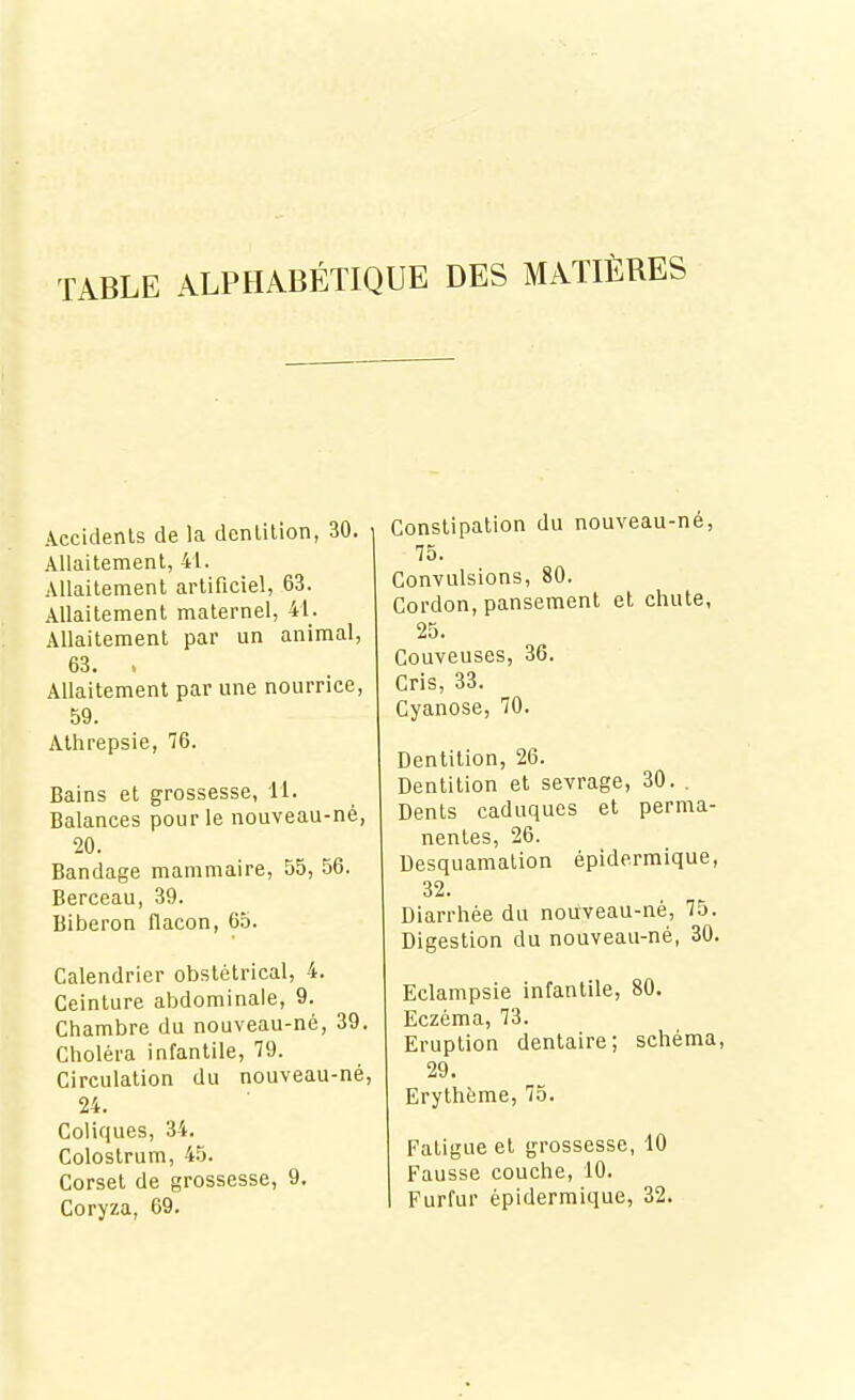 TABLE ALPHABÉTIQUE DES MATIÈRES Accidents de la denlition, 30. i Allaitement, 41. Allaitement artificiel, 63. Allaitement maternel, U. Allaitement par un animal, 63. > Allaitement par une nourrice, 59. Athrepsie, 76. Bains et grossesse, 11. Balances pour le nouveau-né, 20. Bandage mammaire, 55, 56. Berceau, 39. Biberon flacon, 65. Calendrier obstétrical, 4. Ceinture abdominale, 9. Chambre du nouveau-né, 39. Choléra infantile, 79. Circulation du nouveau-né, 24. Coliques, 34. Colostrum, 45. Corset de grossesse, 9. Coryza, 69. Constipation du nouveau-né, 75. Convulsions, 80. Cordon, pansement et chute, 25. Couveuses, 36. Cris, 33. Cyanose, 70. Dentition, 26. Dentition et sevrage, 30. . Dents caduques et perma- nentes, 26. Desquamation épidermique, 32. Diarrhée du nouveau-né, 75. Digestion du nouveau-né, 30. Eclampsie infantile, 80. Eczéma, 73. Eruption dentaire; schéma, 29. Erythème, 75. Fatigue et grossesse, 10 Fausse couche, 10. Furfur épidermique, 32.