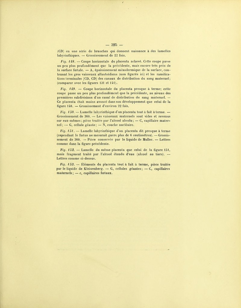 (CD) en une série de branches qui donnent naissance à des lamelles labyrinthiques. — Grossissement de 22 fois. Fig. 1i8. —Coupe horizontale du placenta achevé. Cette coupe passe un peu plus profondément que la précédente, mais encore très près de la surface fœtale. — A, épaississement mésodermique de la surface, con- tenant les gros vaisseaux, allantoïdiens (non figurés ici) et les ramifica- tions terminales (CD, CD) des canaux de distribution du sang maternel; (comparer avec les figuers 131 et 141). Fig. ii9. — Coupe horizontale du placenta presque à terme; cette coupe passe un peu plus profondément que la précédente, au niveau des premières subdivisions d'un canal de distribution du sang maternel. — Ce placenta était moins avancé dans son développement que celui de la figure 148. — Grossissement d'environ 22 fois. Fig. ioO. — Lamelle labyrinthique d'un placenta tout à fait à terme. — Grossissement de 360. — Les vaisseaux maternels sont vides et revenus sur eux-mêmes; pièce traitée par l'alcool absolu; — C, capillaire mater- nel; — G, cellule géante; — N, couche nucléaire. Fig. 4 51. — Lamelle labyrinthique d'un placenta dit presque à terme (cependant le fœtus ne mesurait guère plus de 6 centimètres). — Grossis- sement de 360. — Pièce conservée par le liquide de Muller. — Lettres comme dans la figure précédente. Fig. 1o2. — Lamelle du même placenta que celui de la figure 151, mais fragment traité par l'alcool étendu d'eau (alcool au tiers). — Lettres comme ci-dessus. Fig. 453. — Éléments du placenta tout à fait à terme, pièce traitée par le liquide de Kleinenberg. — G, cellules géantes; — C, capillaires maternels ; — c, capillaires fœtaux.