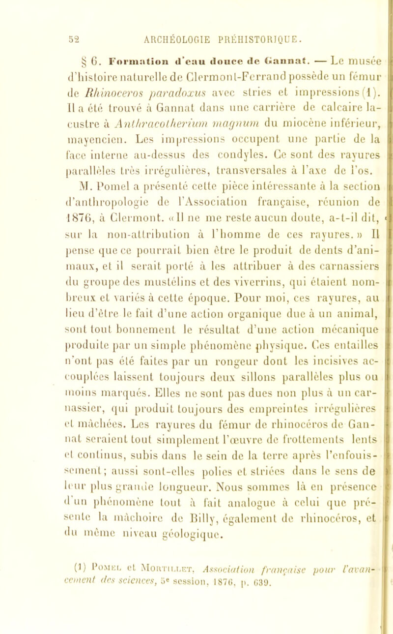 § 6. Formation d’eau douce de (lannaf. —Le musée d’histoire naturelle de Clermont-Ferrand possède un fémur de Rhinocéros paradoxus avec stries et impressions(1). 11 a été trouvé à Gannat dans une carrière de calcaire la- custre à AnthracoLherium magnum du miocène inférieur, mayencien. Les impressions occupent une partie de la face interne au-dessus des condyles. Ce sont des rayures parallèles très irrégulières, transversales à l’axe de l’os. M. Pomel a présenté celte pièce intéressante à la section d’anthropologie de l’Association française, réunion de 1876, à Clermont. «11 ne me reste aucun doute, a-t-il dit, sur la non-attribution à l’homme de ces rayures.» Il pense que ce pourrait bien être le produit de dents d’ani- maux, et il serait porté à les attribuer à des carnassiers du groupe des mustélins et des viverrins, qui étaient nom- breux et variés à cette époque. Pour moi, ces rayures, au lieu d’être le fait d’une action organique due à un animal, sont tout bonnement le résultat d’une action mécanique produite par un simple phénomène physique. Ces entailles n’ont pas été faites par un rongeur dont les incisives ac- couplées laissent toujours deux sillons parallèles plus ou moins marqués. Elles ne sont pas dues non plus à un car- nassier, qui produit toujours des empreintes irrégulières et mâchées. Les rayures du fémur de rhinocéros de Gan- nat seraient tout simplement l’œuvre de frottements lents et continus, subis dans le sein de la terre après l’enfouis- sement; aussi sont-elles polies et striées dans le sens de leur plus grande longueur. Nous sommes là en présence d un phénomène tout à fait analogue à celui que pré- sente la mâchoire de Billy, également de rhinocéros, et du même niveau géologique. (1) l’oMEL et Moivm.T.ET, Association française pour l’avan- cement des sciences, 5e session, 1S7G. p. 039.