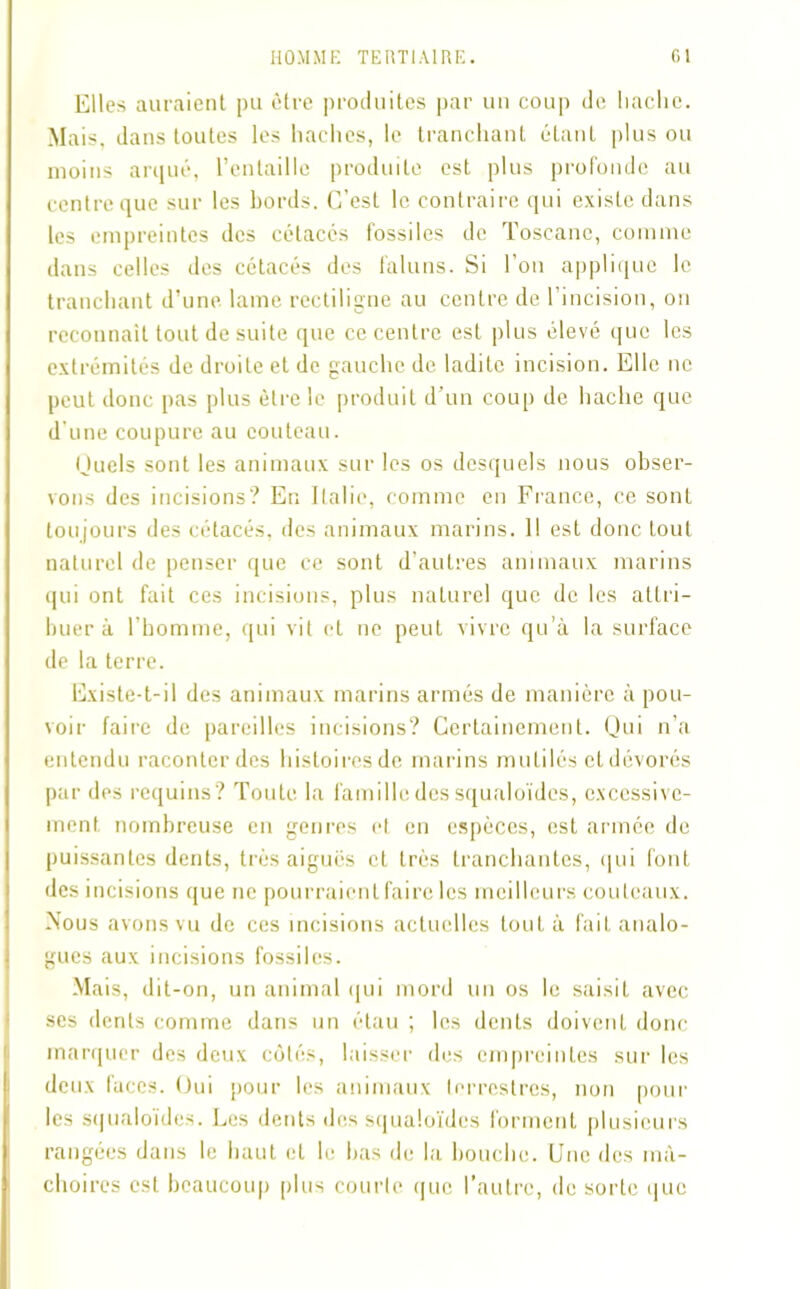 Elles auraient pu être produites par un coup de liaclic. Mais, dans toutes les haches, le tranchant étant plus ou moins arqué, l’entaille produite est plus profonde au centre que sur les bords. C’est le contraire qui existe dans les empreintes des cétacés fossiles de Toscane, comme dans celles des cétacés des faluns. Si l'on applique le tranchant d’une lame rectiligne au centre de l’incision, on reconnaît tout de suite que ce centre est plus élevé que les extrémités de droite et de gauche de ladite incision. Elle ne peut donc pas plus être le produit d’un coup de hache que d’une coupure au couteau. Quels sont les animaux sur les os desquels nous obser- vons des incisions? En Italie, comme en France, ce sont toujours des cétacés, des animaux marins. 11 est donc tout naturel de penser que ce sont d’autres animaux marins qui ont fait ces incisions, plus naturel que de les attri- buer à l’homme, qui vit et ne peut vivre qu’à la surface de la terre. Existe-t-il des animaux marins armés de manière à pou- voir faire de pareilles incisions? Certainement. Qui n’a entendu raconter des histoires de marins mutilés et dévorés par des requins? Toute la famille des squaloïdes, excessive- ment nombreuse en genres et en espèces, est armée de puissantes dents, très aiguës et très tranchantes, qui font des incisions que ne pourraient faire les meilleurs couteaux. Nous avons vu de ces incisions actuelles tout à fait analo- gues aux incisions fossiles. Mais, dit-on, un animal qui mord un os le saisit avec ses dents comme dans un étau ; les dents doivent donc marquer des deux côtés, laisser des empreintes sur les deux faces. Oui pour les animaux terrestres, non pour les squaloïdes. Les dents des squaloïdes forment plusieurs rangées dans le haut et le bas de la bouche. Une îles mâ- choires est beaucoup plus courte que l’autre, de sorte que