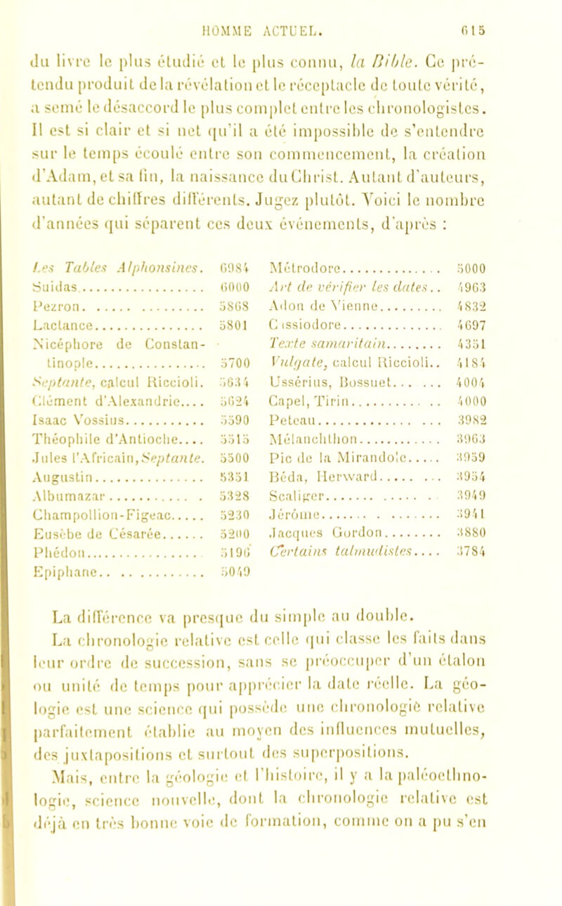 du livre le plus étudié et le plus connu, la Bible. Ce pré- tendu produit de la révélation et le réceptacle de toute vérité, a semé le désaccord le plus complet entre les chronologistcs. 11 est si clair et si net qu'il a été impossible de s’entendre sur le temps écoulé entre son commencement, la création d’Adam, et sa lin, la naissance duChrist. Autant d’auteurs, autant déchiffrés différents. Jugez plutôt. Yoici le nombre d’années qui séparent ces deux événements, d'après : Les Tables Alphonsines. CO 84 Métrodore 5000 Suidas. 6000 Art de vérifier les dates.. 4963 Pezron 58G8 Adon de Vienne 4832 Lan Lance 5801 C issiodore 4G97 A’icéphore de Constan- Texte samaritain 4351 tinople 5700 Vulçjatey calcul Riccioli.. 4184 Septante, calcul Riccioli. 5634 Ussérius, Bossuet 4004 Clément d’Alexandrie 5624 Capel, Tirin 4000 Isaac Vossius Peteau 3982 Théophile d’Antioche.... 5515 Mélanchlhon 3963 Jules l’Africain,Septante. 5500 Pic de la Mirandoîc 3959 Augustin Béda, Herward 3954 Uhumazar 5328 S câliner 3949 Cham poil ion- Figeac 5230 Jérôme 3941 Eusèbe de Césarée 5200 Jacques Gordon 38S0 Phédon 5196 Certains talmudistes.... 3784 Epiphane 5040 La différence va presque du simple au double. La chronologie relative est celle qui classe les faits dans leur ordre de succession, sans se préoccuper d un étalon ou unité de temps pour apprécier la date réelle. La géo- logie est une science qui possède une chronologie relative parfaitement établie au moyen des influences mutuelles, des juxtapositions et surtout des superpositions. Mais, entre la géologie et l’histoire, il y a la paléoelbno- logie, science nouvelle, dont la chronologie relative est déjà en très bonne voie de formation, comme on a pu s’en