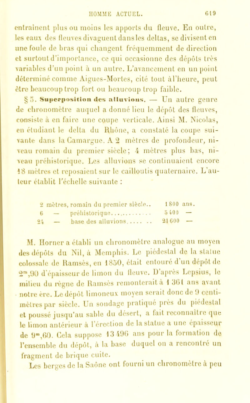 entraînent plus ou moins les apports du fleuve. En outre, les eaux des fleuves divaguent dans les deltas, se divisent en une foule de bras qui changent fréquemment de direction cl surtout d’importance, ce qui occasionne des dépôts très variables d’un point à un autre. L’avancement en un point déterminé comme Aigues-Mortes, cité tout àl’heure, peut être beaucoup trop fort ou beaucoup trop faible. §5. Superposition des alluvions. — Un autre genre de chronomètre auquel a donné lieu le dépôt des fleuves, consiste à en faire une coupe verticale. Ainsi M. Nicolas, en étudiant le delta du Rhône, a constaté la coupe sui- vante dans la Camargue. A 2 mètres de profondeur, ni- veau romain du premier siècle; 4 mètres plus bas, ni- veau préhistorique. Les alluvions se continuaient encore 48 mètres et reposaient sur le cailloutis quaternaire. L’au- teur établit l’échelle suivante : 2 mètres, romain du premier siècle.. 1 800 ans. 6 — préhistorique .. 5 400 — 24 — base des alluvions 21G00 — M. Horncr a établi un chronomètre analogue au moyen des dépôts du Nil, à Memphis. Le piédestal de la stalue colossale de Ramsès, en 1850, était entouré d un dépôt de 2”,90 d’épaisseur de limon du fleuve. D’après Lcpsius, le milieu du règne de Ramsès remonterait à 1 301 ans avant notre ère. Le dépôt limoneux, moyen serait donc de 9 centi- mètres par siècle. Un sondage pratiqué près du piédestal et poussé jusqu’au sable du désert, a fait reconnaître que le limon antérieur à l’ercction de la statue a une épaisseur de 9“,60. Gela suppose 13 490 ans pour la formation de l’ensemble du dépôt, à la base duquel on a rencontré un fragment de brique cuite. Les berges de la Saône ont fourni un chronomètre à peu