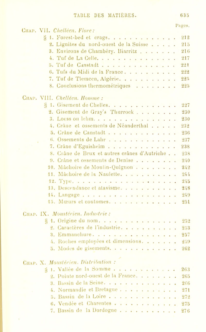 Chap. VII. Chelléeu. Flore: § 1. Forest-bed et crags 2. Lignites du nord-ouest de la Suisse 3. Environs de Chambéry. Biarritz . . 4. Tuf de La Celle 5. Tuf de Cunstndt 6. Tufs du Midi de la France 7. Tuf de Tlemccn, Algérie 8. Conclusions thermométriques . . . Pages. Ü12 21a 216 217 221 222 223 225 Chap. VIII. Chelléen. Homme : § 1. Gisement de Chelles 2. Gisement de Gray's Thurrock 3. Loess ou lelim 4. Crâne et ossements de Néanderthal 5. Crâne de Canstadt 6. Ossements de Lahr 7. Crâne d’Eguisheim 8. Ci âne de Brux et autres crânes d’Autriche . . !). Crâne et ossements de Denise 10. Mâchoire de Moulin-Quignon 11. Mâchoire de la Naulelle 12. 'Type 13. Descendance et atavisme 14. Langage 15. Mœurs et coutumes 227 230 230 232 236 237 238 238 240 242 244 245 248 249 251 Cilap. IX. Moustérien. Industrie: § 1. Origine du nom 252 2. Caractères de l’industrie 253 3. Emmanchure 257 4. Roches employées et dimensions 239 3. Modes de gisements 262 Chap. X. Moustérien. Distribution : § I. Vallée de la Somme 263 2. Pointe nord-ouest de la France 265 3. Bassin de la Seine 266 4. Normandie et Bretagne 271 5. Bassin de la Loire 272 6. Vendée et Charcutes 275 7. Bassin de la Dordogne 27 6