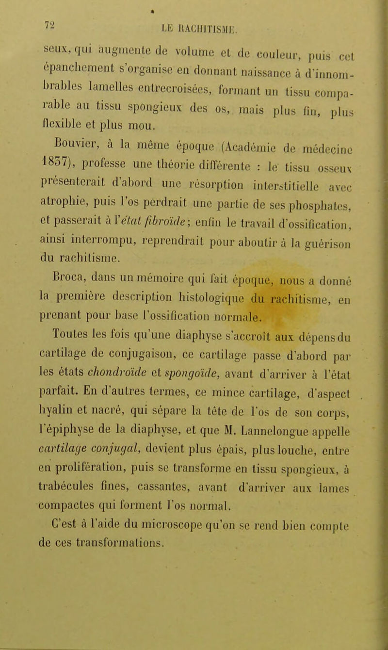 ''^ LE itAClirrisjii;. scux, qui auguicnle de volume et de couleur, puis cet êpanchement s'organise e.i donnant naissance à d'innom- brables lamelles entrecroisées, formant un tissu compa- rable au tissu spongieux des os, mais plus fin, plus flexible et plus mou. Bouvier, à la même époque (Académie de médecine 1837), professe une théorie différente : le tissu osseux présenterait d'abord une résorption interstitielle avec atrophie, puis l'os perdrait une partie de ses phosphates, et passevaïl hYétat fibroïde; enfin le travail d'ossification, ainsi interrompu, reprendrait pour aboutir à la guérison du rachitisme. Broca, dans un mémoire qui fait époque, nous a donné la première description histologique du rachitisme, en prenant pour base l'ossification normale. Toutes les fois qu'une diaphyse s'accroît aux dépens du cartilage de conjugaison, ce cartilage passe d'abord par les états chondroïde et spongoïde, avant d'arriver à l'état parfait. En d'autres termes, ce mince cartilage, d'aspect hyalin et nacré, qui sépare la téte de l'os de son corps, l'épiphyse de la diaphyse, et que M. Lannelongue appelle cartilage conjugal, devient plus épais, plus louche, entre en prolifération, puis se transforme en tissu spongieux, à trabécules fines, cassantes, avant d'arriver aux lames compactes qui forment l'os normal. C'est à l'aide du microscope qu'on se rend bien compte de ces transformations.