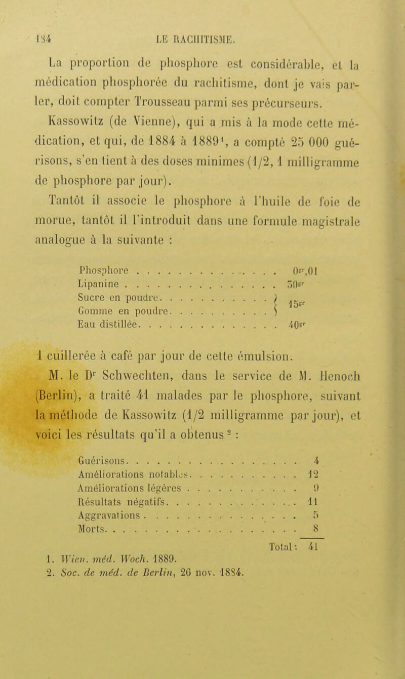 La proportion de pliosplioro, csl considérable, el lii médication phosplioréc du raciiilisme, dont je vais pai'- 1er, doit compter Trousseau parmi ses précurseurs. Kassowitz (de Vienne), qui a mis à la mode cette mé- dication, et qui, de 1884 à 1881)', a compté 25 000 gué- risons, s'en tient à des doses minimes (1/2,1 milligramme de phosphore par Jour). Tantôt il associe le phosphore à l'huile de foie de morue, tantôt il l'introduit dans une formule magistrale analogue à la suivante : Phosphore 0^,01 Lipanine ôO»' Sucre en poudre ) ^^^^ Gomme en poudre \ Eau distillée AQe' 1 cuillerée à café par jour de cette émulsion. M. le D'' Schwechlen, dans le service de M. llenoch (Berlin), a fi'aité 41 malades par le phosphore, suivant la méthode de Kassowitz (1/2 milligramme par jour), et voici les résultats qu'il a obtenus - : Guérisons 4 Améliorations noIabL's 12 Améliorations légères '.t Résultats négatifs U Aggravations 5 Morts 8 Total : ~ 1. Wif;ri. méd. Woch. 1889. 2. Soc. de méd. de Berlin, 2G nov. 1884.