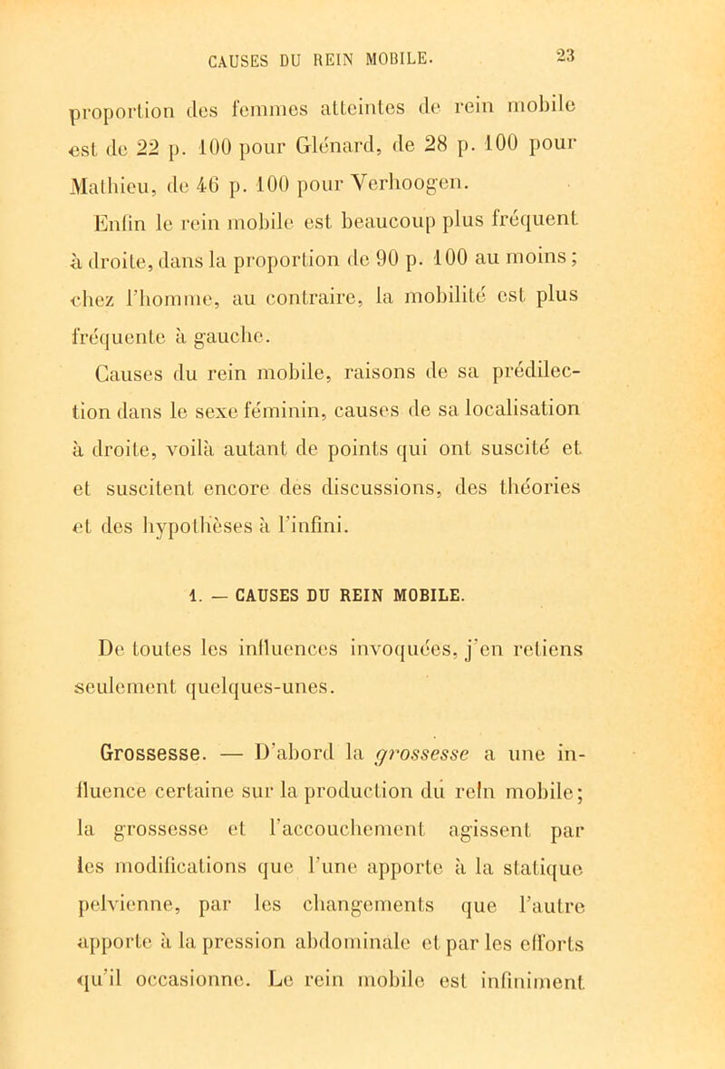 proportion des femmes atteintes de rein mobile est de 22 p. 100 pour Glénard, de 28 p. 100 pour Mathieu, de 46 p. 100 pour Vcrhoogen. Enfin le rein mobile est beaucoup plus fréquent à droite, dans la proportion de 90 p. 100 au moins ; chez l’homme, au contraire, la mobilité est plus fréquente à gauche. Causes du rein mobile, raisons de sa prédilec- tion dans le sexe féminin, causes de sa localisation à droite, voilà autant de points qui ont suscité et. et suscitent encore des discussions, des théories et des hypothèses à l’infini. 1. — CAUSES DU REIN MOBILE. De toutes les influences invoquées, j’en retiens seulement quelques-unes. Grossesse. — D’abord la grossesse a une in- fluence certaine sur la production du rein mobile ; la grossesse et l’accouchement agissent par les modifications que l’une apporte à la statique pelvienne, par les changements que l’autre apporte à la pression abdominale et parles efforts qu’il occasionne. Le rein mobile est infiniment.