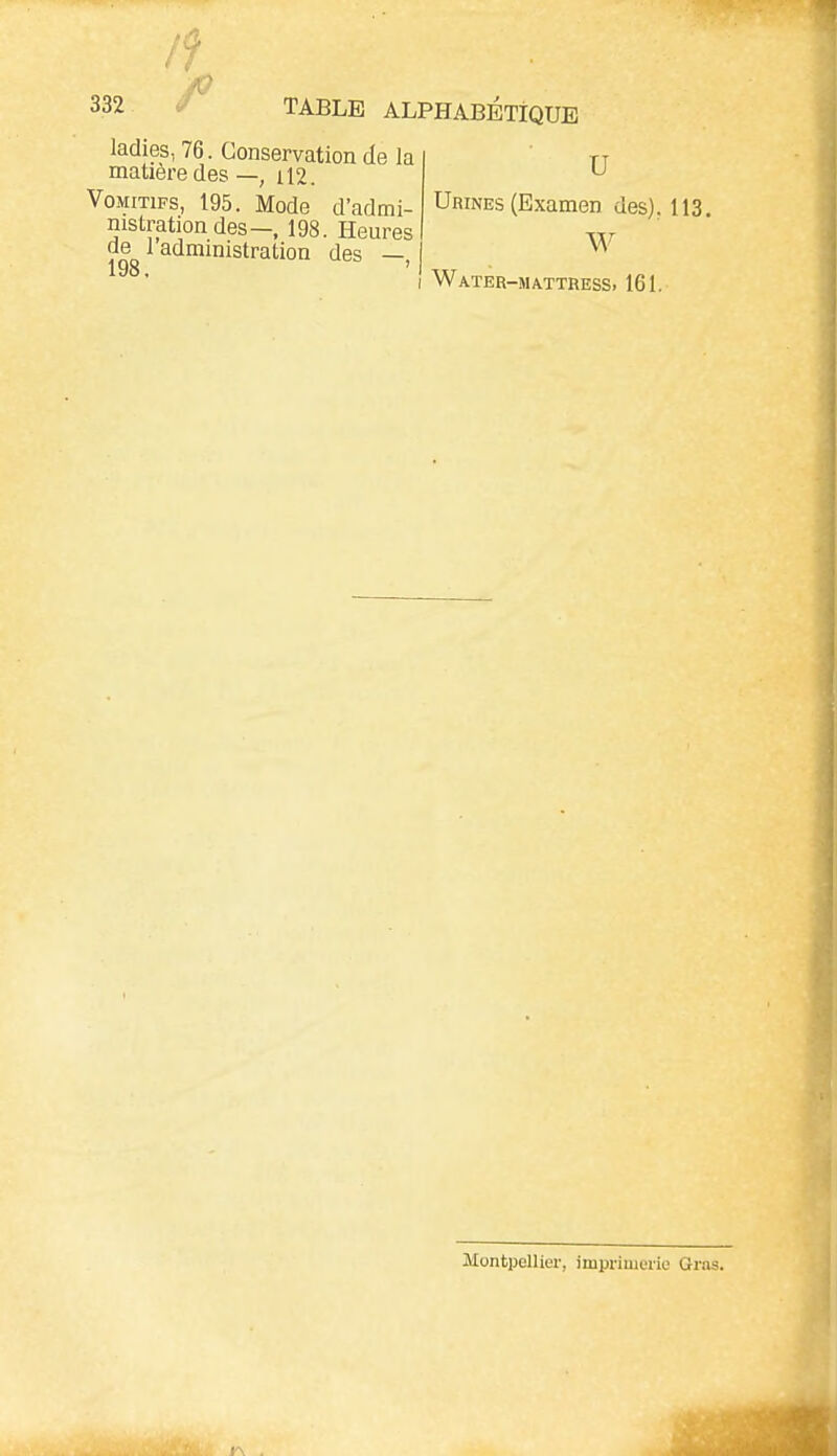 ladies, 76. Conservation de la matière des —, il2. Vomitifs, 195. Mode d'admi- nistration des-, 198. Heures de 1 administration des —, u Urines (Examen des), 113. W I Water-mattress. 161, Montpellier, imprimerie Gras.