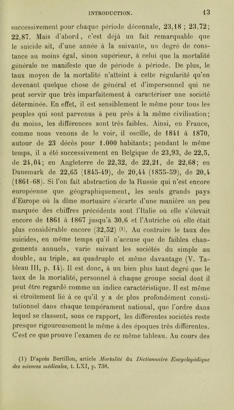 successivement pour chaque période décennale, 23,18 ; 23,72; 22,87. Mais d’abord, c’est déjà un fait remarquable que le suicide ait, d'une année à la suivante, un degré de cons- tance au moins égal, sinon supérieur, à celui que la mortalité générale ne manifeste que de période à période. De plus, le taux moyen de la mortalité n’atteint à cette régularité qu’en devenant quelque chose de général et d’impersonnel qui ne peut servir que très imparfaitement à caractériser une société déterminée. En effet, il est sensiblement le même pour tous les peuples qui sont parvenus à peu près à la même civilisation; du moins, les différences sont très faibles. Ainsi, en France, comme nous venons de le voir, il oscille, de 1841 à 1870, autour de 23 décès pour 1.000 habitants; pendant le même temps, il a été successivement en Belgique de 23,93, de 22,5, de 24,04; en Angleterre de 22,32, de 22,21, de 22,68; en Danemark de 22,65 (1845-49), de 20,44 (1855-59), de 20,4 (1861-68). Si l’on fait abstraction de la Russie qui n’est encore européenne que géographiquement, les seuls grands pays d'Europe où la dîme mortuaire s'écarte d’une manière un peu marquée des chiffres précédents sont l’Italie où elle s’élevait encore de 1861 à 1867 jusqu’à 30,6 et l’Autriche où elle était plus considérable encore (32,52) (D. Au contraire le taux des suicides, en même temps qu'il n’accuse que de faibles chan- gements annuels, varie suivant les sociétés du simple au double, au triple, au quadruple et même davantage (V. Ta- bleau III, p. 14). Il est donc, à un bien plus haut degré que le taux de la mortalité, personnel à chaque groupe social dont il peut être regardé comme un indice caractéristique. 11 est même si étroitement lié à ce qu’il y a de plus profondément consti- tutionnel dans chaque tempérament national, que l’ordre dans lequel se classent, sous ce rapport, les différentes sociétés reste presque rigoureusement le même à des époques très différentes. C’est ce que prouve l’examen de ce même tableau. Au cours des (1) D’après Bertillon, article Mortalité du Dictionnaire Encyclopédique des sciences médicales, t. LXI, p. 738.