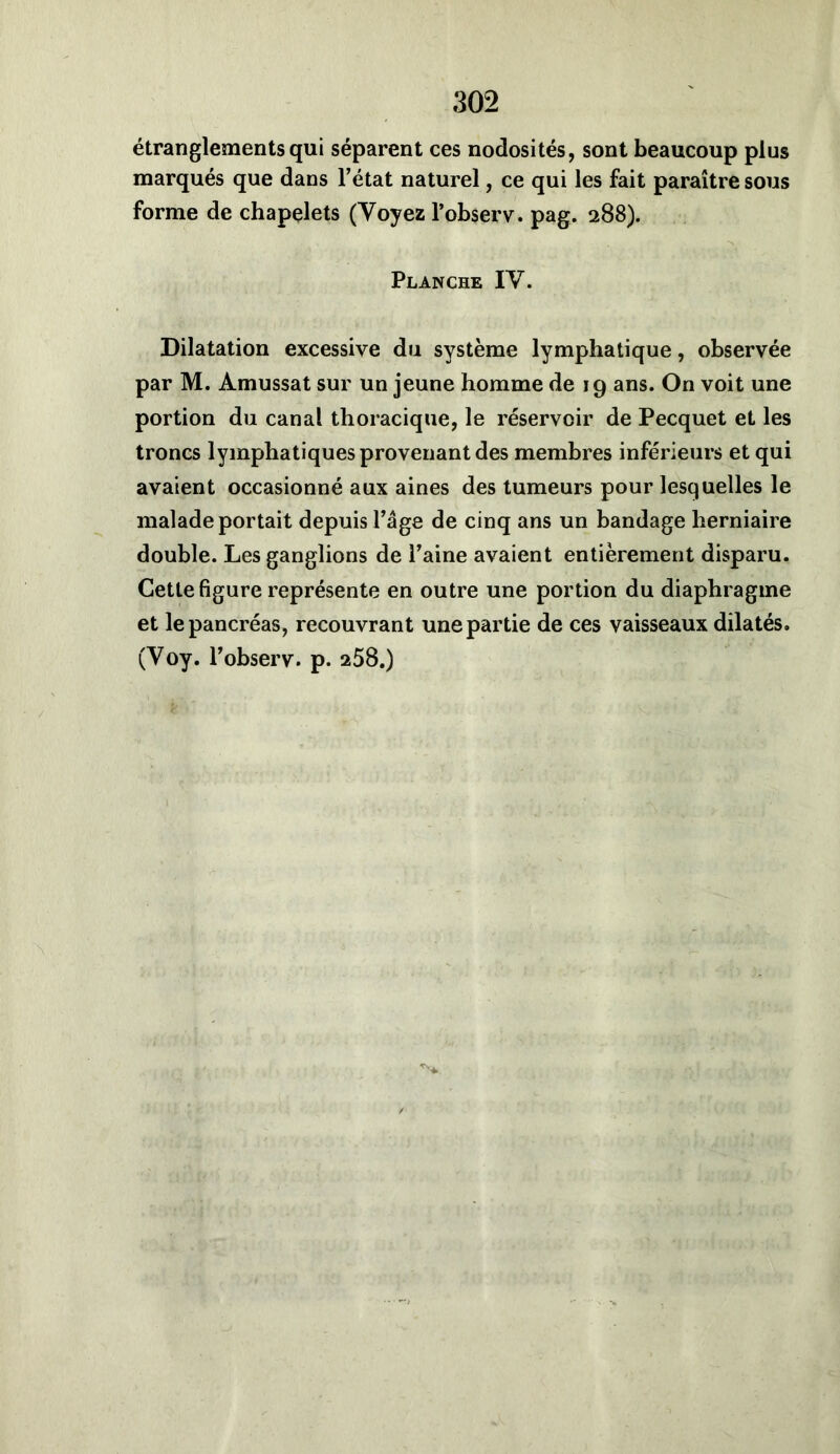 étranglements qui séparent ces nodosités, sont beaucoup plus marqués que dans l’état naturel, ce qui les fait paraître sous forme de chapelets (Voyez l’observ. pag. 288). Planche IV. Dilatation excessive du système lymphatique, observée par M. Amussat sur un jeune homme de 19 ans. On voit une portion du canal thoracique, le réservoir de Pecquet et les troncs lymphatiques provenant des membres inférieurs et qui avaient occasionné aux aines des tumeurs pour lesquelles le malade portait depuis l’âge de cinq ans un bandage herniaire double. Les ganglions de l’aine avaient entièrement disparu. Cette figure représente en outre une portion du diaphragme et le pancréas, recouvrant une partie de ces vaisseaux dilatés. (Voy. l’observ. p. 258.)