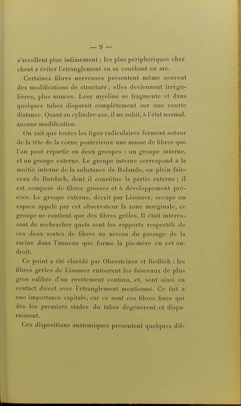 s'accollent plus intimement ; les plus périphériques cher client à éviter l'étranglement en se courbant en arc. Certaines fibres nerveuses présentent même souvent des modifications de structure ; elles deviennent irrégu- lières, plus minces. Leur myéline se fragmente et dans quelques tubes disparaît complètement sur une courte distance. Quant au cylindre-axe, il ne subit, à l'état normal, aucune modification. On sait que toutes les tiges radiculaires forment autour de la tête de la corne postérieure une masse de fibres que l'on peut répartir en deux groupes : un groupe interne, et un groupe externe. Le groupe interne correspond à la moitié interne de la substance de Rolando, en plein fais- ceau de Burdaclî, dont il constitue la partie externe ; il est composé de fibres grosses et à développement pré- coce. Le groupe externe, décrit par Lissauer, occupe un espace appelé par cet observateur la zone marginale, ce groupe ne contient que des fibres grêles. Il était intéres- sant de rechercher quels sont les rapports respectifs de ces deux sortes de fibres au niveau du passage de la racine dans l'anneau que forme la pie-mère en cet en- droit. Ce point a été élucidé par Obersteiner et Redlich : les fibres grêles de Lissauer entourent les faisceaux de plus gros calibre d'un revêtement continu, et, sont ainsi en contact direct avec l'étranglement mentionné. Ce fait a une importance capitale, car ce sont ces fibres fines qui dès les premiers stades du tabès dégénèrent et dispa- raissent. Ces dispositions anatomiques présentent quelques dif-