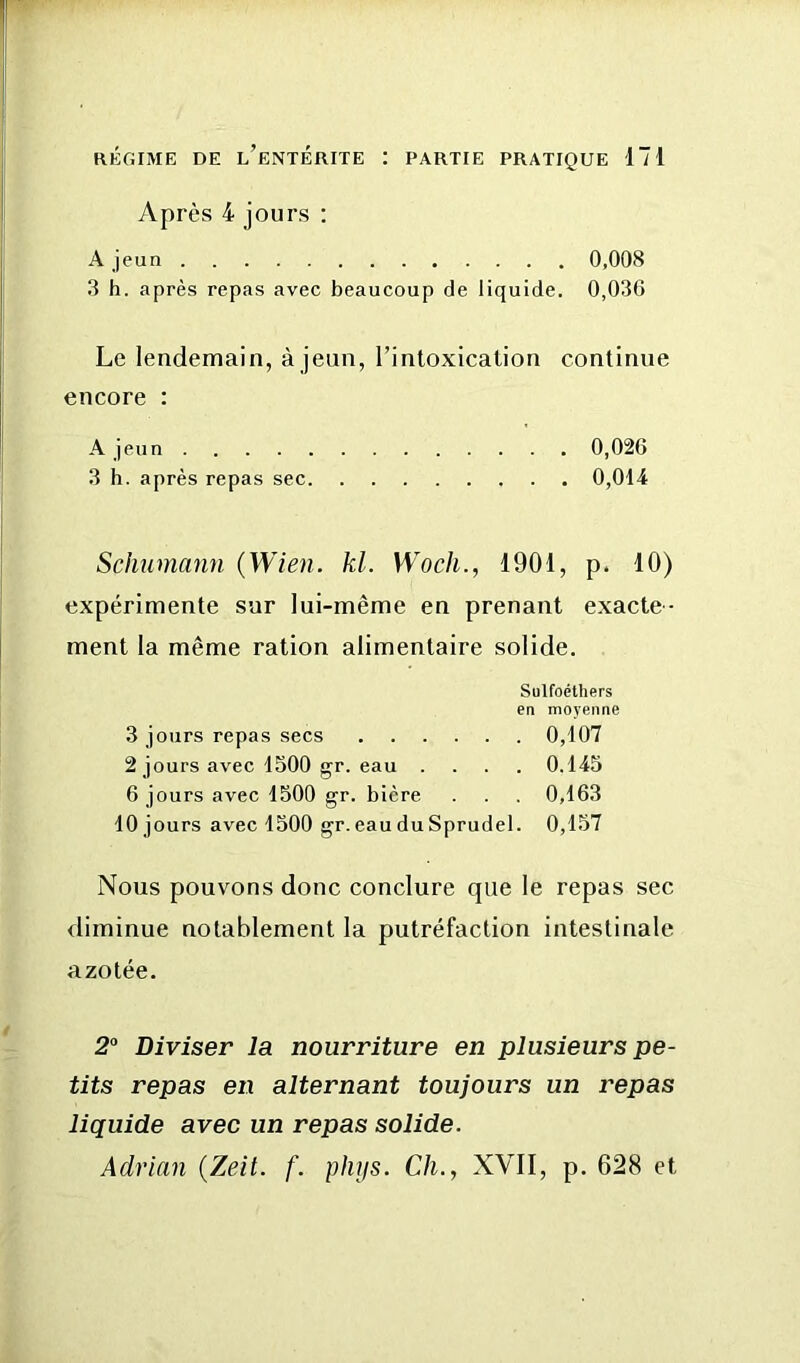 Après 4 jours : A jeun 0,008 3 h. après repas avec beaucoup de liquide. 0,036 Le lendemain, à jeun, l’intoxication continue encore : A jeun 0,026 3 h. après repas sec 0,014 Schumann {Wien. kl. Wocli., 1901, p. 10) expérimente sur lui-même en prenant exacte- ment la même ration alimentaire solide. Sulfoéthers en moyenne 3 jours repas secs 0,107 2 jours avec 1500 gr. eau .... 0.145 6 jours avec 1500 gr. bière . . . 0,163 10 jours avec 1500 gr. eau du Sprudel. 0,157 Nous pouvons donc conclure que le repas sec diminue notablement la putréfaction intestinale azotée. 2“ Diviser la nourriture en plusieurs pe- tits repas en alternant toujours un l'epas liquide avec un repas solide. Adrian {Zeit. f. phys. Ch., XVII, p. 628 et