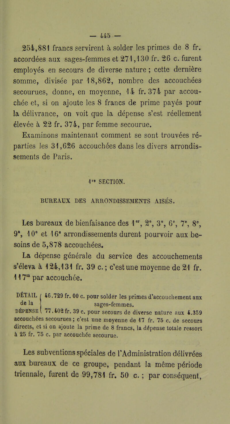 254,881 francs servirent à solder les primes de 8 fr. accordées aux sages-femmes et 271,130 fr. 26 c. furent employés en secours de diverse nature ; cette dernière somme, divisée par 18,862, nombre des accouchées secourues, donne, en moyenne, 14 fr. 374 par accou- chée et, si on ajoute les 8 francs de prime payés pour la délivrance, on voit que la dépense s'est réellement élevée à 22 fr. 374, par femme secourue. Examinons maintenant comment se sont trouvées ré- parties les 31,626 accouchées dans les divers arrondis- sements de Paris. 4re SECTION. BUREAUX DES ARRONDISSEMENTS AISÉS. Les bureaux de bienfaisance des 1er, 2e, 3% 6e, 7e, 8% 9% 10e et 166 arrondissements durent pourvoir aux be- soins de 5,878 accouchées. La dépense générale du service des accouchements s'éleva à 124,131 fr. 39 c; c'est une moyenne de 21 fr. 117m par accouchée. DÉTAIL i 46.729 fr. 00 c. pour solder les primes d'accouchement aux la | sages-femmes. Dépense ( 77.402fr. 39 c. pour secours de diverse nature aux 4.359 accouchées secourues; c'est une moyenne de 47 fr. 75 c. de secours directs, et si on ajoute la prime de 8 francs, la dépense totale ressort à 25 fr. 75 c. par accouchée secourue. Les subventions spéciales de l'Administration délivrées aux bureaux de ce groupe, pendant la même période