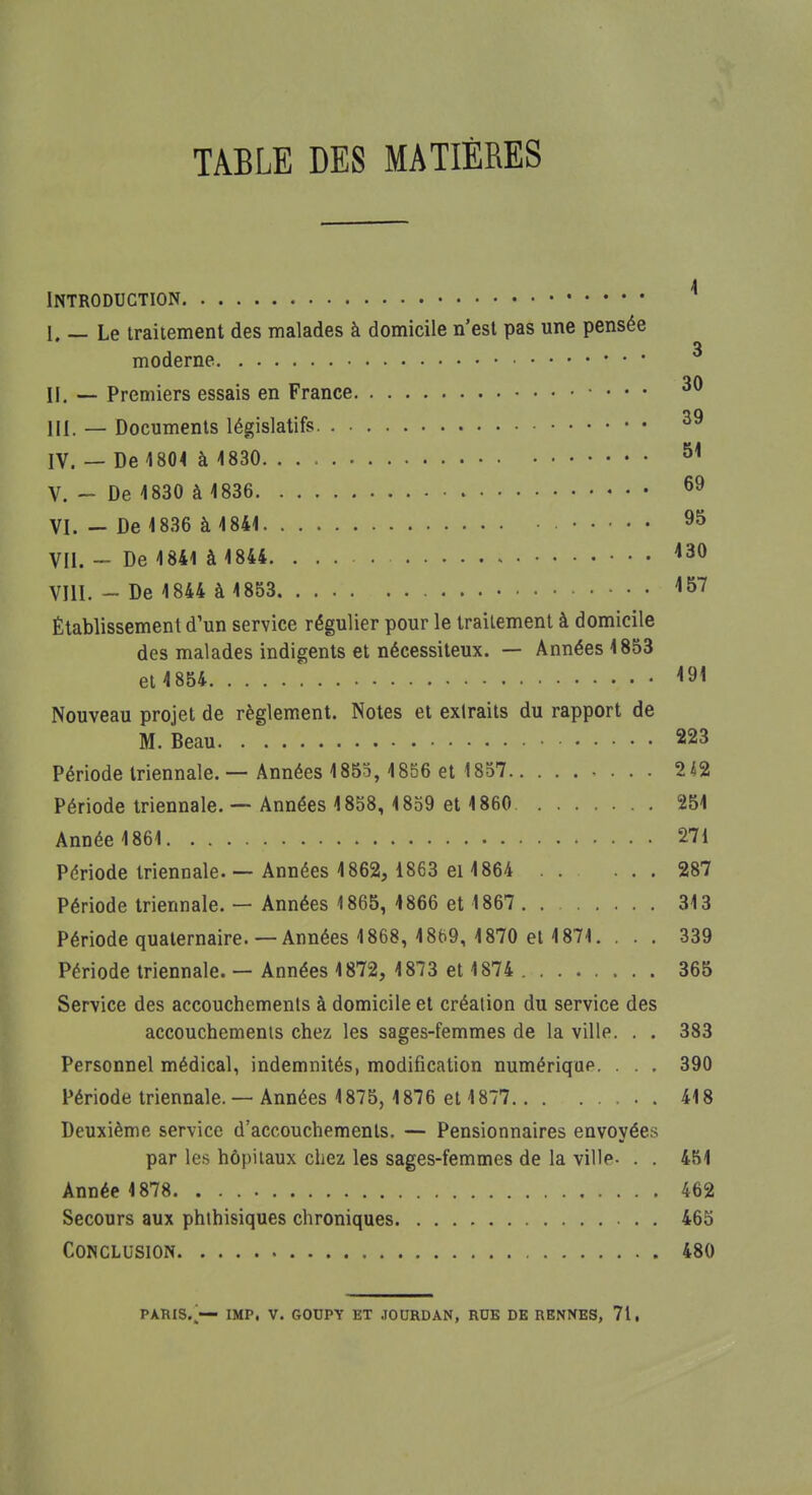 TABLE DES MATIÈRES INTRODUCTION I. — Le traitement des malades à domicile n'est pas une pensée moderne II. — Premiers essais en France ... III. — Documents législatifs 39 !V. — De 4804 à 1830 51 V. - De 4830 à 4836 69 VI. - De 4836 à 4841 95 VII. - De 4841 à 1844 *30 VIII. - De 4 844 à 4 853 457 Établissement d'un service régulier pour le traitement à domicile des malades indigents et nécessiteux. — Années 4853 et 4854 <91 Nouveau projet de règlement. Notes et extraits du rapport de M. Beau 223 Période triennale. — Années 4 855, 4 856 et 1857 2 42 Période triennale. — Années 4 858, 4 859 et 4 860 254 Année 4 861 271 Période triennale. — Années 4862, 1863 ei 4 864 287 Période triennale. — Années 4 865, 4866 et 1867 34 3 Période quaternaire. —Années 4 868, 4869, 4870 et 4874. ... 339 Période triennale. — Années 4872, 4873 et 4874 365 Service des accouchements à domicile et création du service des accouchements chez les sages-femmes de la ville. . . 383 Personnel médical, indemnités, modification numérique. . . . 390 Période triennale. — Années 4875, 4 876 et 4877 418 Deuxième service d'accouchements. — Pensionnaires envoyées par les hôpitaux chez les sages-femmes de la ville- . . 454 Année 4 878 462 Secours aux phthisiques chroniques 465 Conclusion 480 PARIS.;— IMP, V. GOUPY ET JOURDAN, RUE DE RENNES, 71,