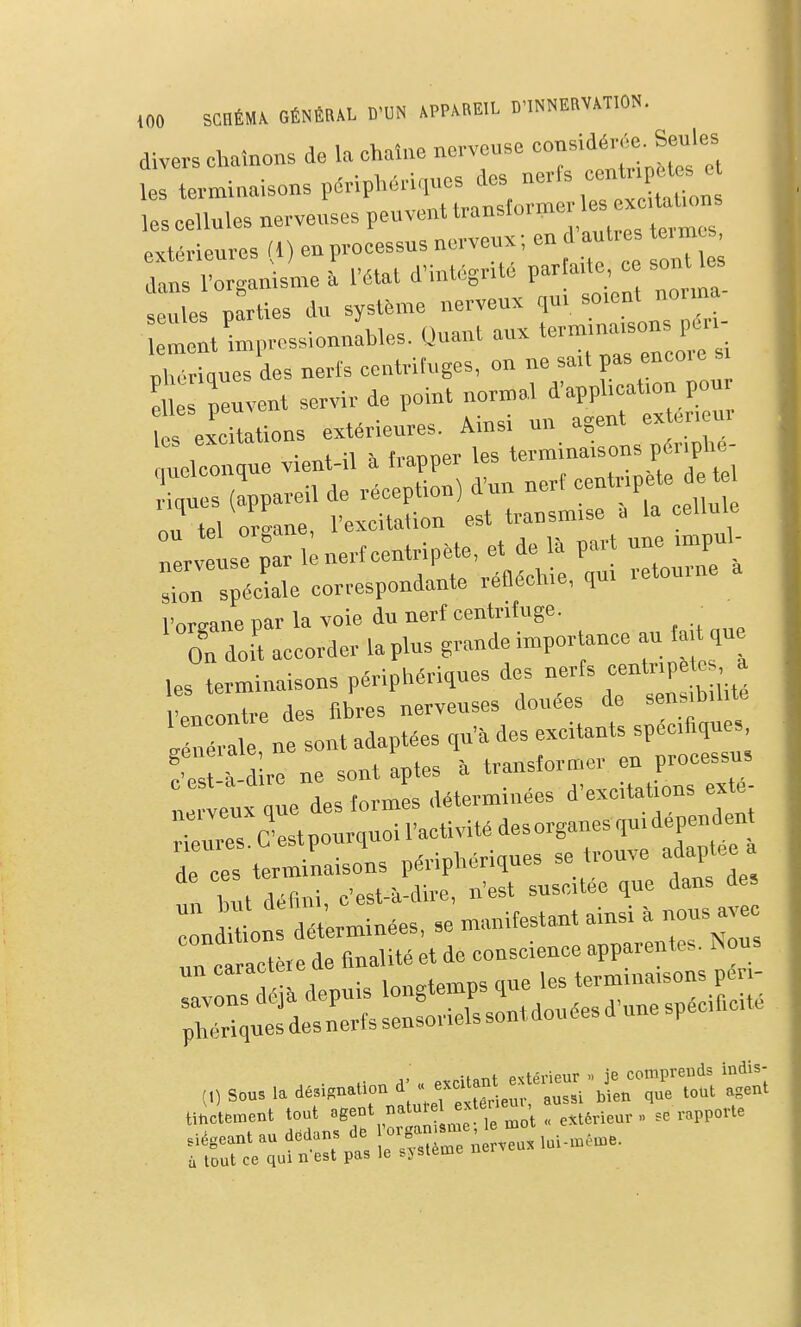 ,00 SCUÉM. GÉNÉRAL 0-UN APPABEH- D'INNENHIO!.. divers chaînons de la chaîne nerveuse ^-'^^'^^^^^^^^^^ les terminaisons périphériques dos nerfs » les cellules nerveuses peuvent tra-Iormer les exc talions extérieures (1) en processus nerveux ; en d autre enn , dans l'or-anisme h l'état d'inlégnté parfaite ce sont el! parties du syst.nre nerveux f -'^^^'^ lenrent impressionnables. Quant aux P^,; nhériques des nerfs centrifuges, on ne sa.t V^^^'-'^ 8ion spéciale correspondante réfléchie, qui l'ore-ane nar la voie du nerf centrifuge. 'TToit accorder lapins grande importance au a.Uiue les terminaisons périphériques des nerfs centripètes a ren onTre des fibres nerveuses douées de sensib.Ute '/é légie, ne sont adaptées qu'. des ^<^^^^^ c'est i-dire ne sont aptes à transformer en processus L leux que des formes déterminées d'excitations exte- res clstpourquoi l'activité desorganes quidependen rr te^Sns périphériques se trouve adajnée a un bnt défini, c'est-à-dire, n'est suscitée que dans des