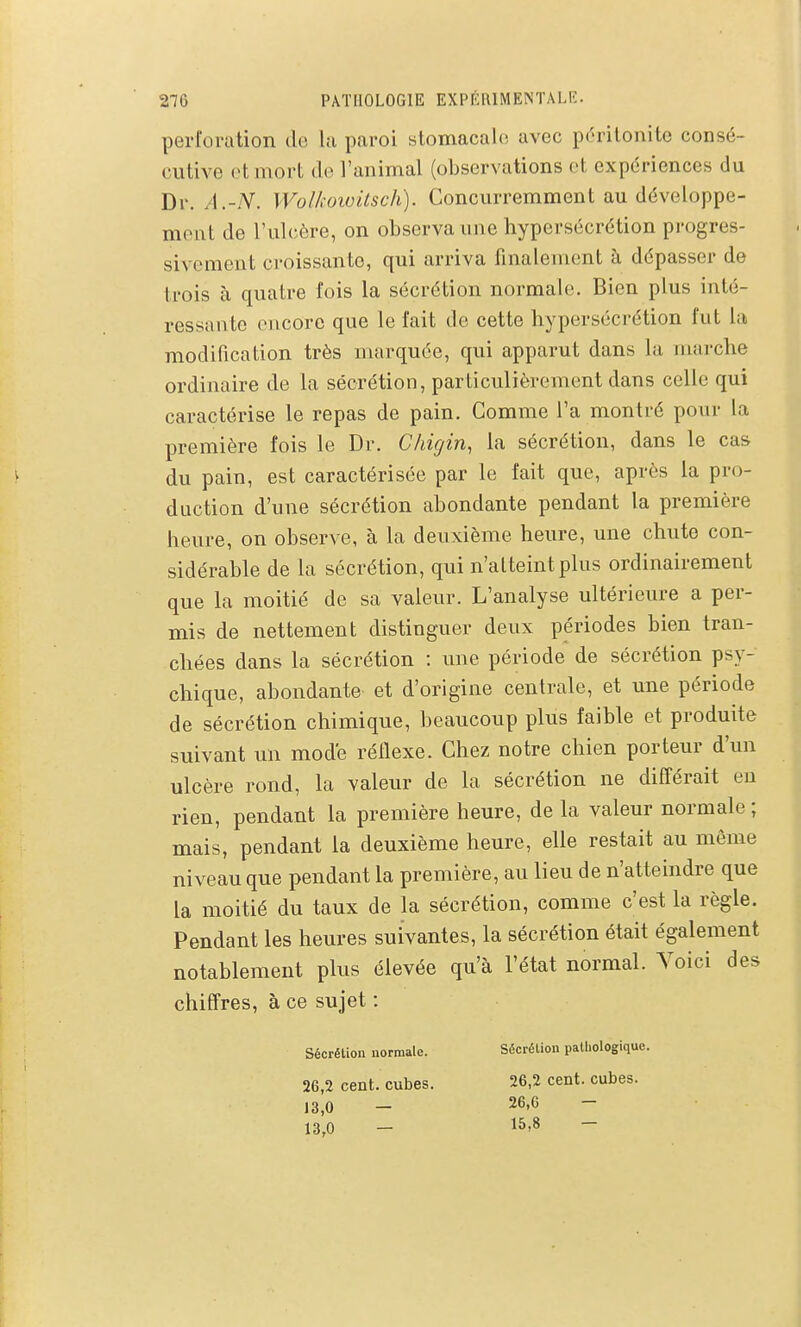 perforation de la paroi stomacahî avec péritonite consé- cutive et mort de l'animal (observations et expériences du Dr. yl.-iV. Wol/coivitsch). Concurremment au développe- ment de l'ulcère, on observa une hypersécrétion progres- sivement croissante, qui arriva finaleuient à dépasser de trois à quatre fois la sécrétion normale. Bien plus inté- ressante encore que le fait de cette hypersécrétion fut la modification très marquée, qui apparut dans la marche ordinaire de la sécrétion, particulièrement dans celle qui caractérise le repas de pain. Comme l'a montré pour la première fois le Dr. Chigin, la sécrétion, dans le cas \ du pain, est caractérisée par le fait que, après la pro- duction d'une sécrétion abondante pendant la première heure, on observe, à la deuxième heure, une chute con- sidérable de la sécrétion, qui n'atteint plus ordinairement que la moitié de sa valeur. L'analyse ultérieure a per- mis de nettement distinguer deux périodes bien tran- chées dans la sécrétion : ime période de sécrétion psy- chique, abondante et d'origine centrale, et une période de sécrétion chimique, beaucoup plus faible et produite suivant un mode réflexe. Chez notre chien porteur d'un ulcère rond, la valeur de la sécrétion ne différait en rien, pendant la première heure, de la valeur normale ; mais, pendant la deuxième heure, elle restait au môme niveau que pendant la première, au lieu de n'atteindre que la moitié du taux de la sécrétion, comme c'est la règle. Pendant les heures suivantes, la sécrétion était également notablement plus élevée qu'à l'état normal. Voici des chiffres, à ce sujet : Sécrétion normale. 26,2 cent, cubes. 13,0 — 13,0 — Sécrétion pathologique. 26,2 cent, cubes. 26,0 — 15,8 —