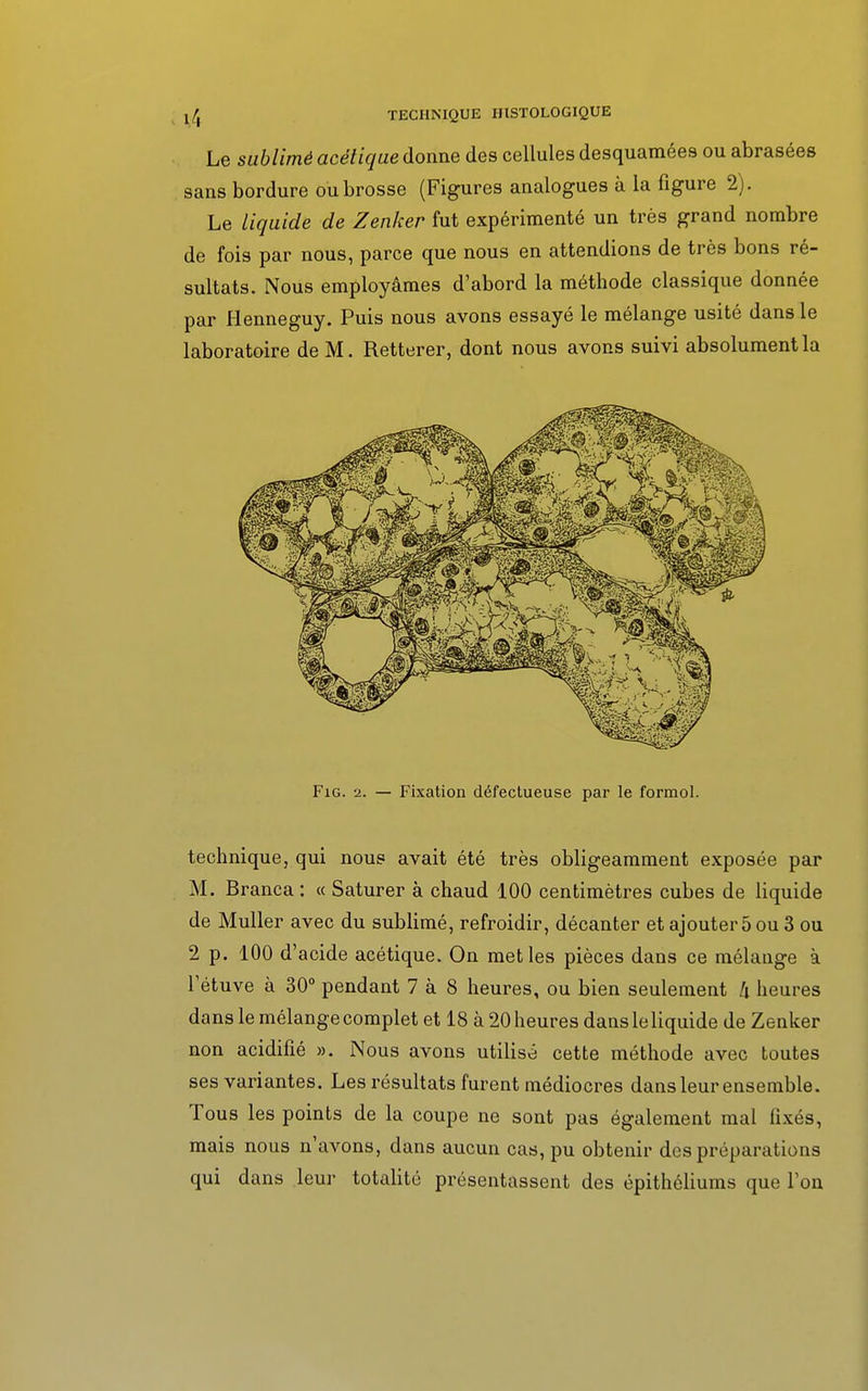 Le sublimé acétique donne des cellules desquamées ou abrasées sans bordure ou brosse (Figures analogues à la figure 2). Le liquide de Zenker fut expérimenté un très grand nombre de fois par nous, parce que nous en attendions de très bons ré- sultats. Nous employâmes d'abord la méthode classique donnée par Henneguy. Puis nous avons essayé le mélange usité dans le laboratoire de M. Retterer, dont nous avons suivi absolument la Fig. 2. — Fixation défectueuse par le formol. technique, qui nous avait été très obligeamment exposée par M. Branca : « Saturer à chaud 100 centimètres cubes de liquide de Muller avec du sublimé, refroidir, décanter et ajouter 5 ou 3 ou 2 p. 100 d'acide acétique. On met les pièces dans ce mélange a l'étuve à 30° pendant 7 à 8 heures, ou bien seulement h heures dans le mélange complet et 18 à 20 heures dans le liquide de Zenker non acidifié ». Nous avons utilisé cette méthode avec toutes ses variantes. Les résultats furent médiocres dans leur ensemble. Tous les points de la coupe ne sont pas également mal fixés, mais nous n'avons, dans aucun cas, pu obtenir des préparations qui dans leur totalité présentassent des épithéliums que l'on