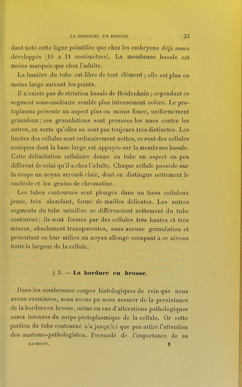 dant noté cette ligne pointillée que chez les embryons déjà assez développés (10 à il centimètres). La membrane basale est moins marquée que chez l'adulte. La lumière; du tube est libre de tout élément ; elle est plus ou moins large suivant les points. 11 n'existe pas de striation basale de Heidenhain ; cependant ce segment sous-nucléaire semble plus intensément coloré. Le pro- toplasma présente un aspect plus ou moins foncé, uniformément granuleux; ces granulations sont pressées les unes contre les autres, en sorte qu'elles ne sont pas toujours très distinctes. Les limites des cellules sont ordinairement nettes, ce sont des cellules coniques dont la base large est appuyée sur la membrane basale. Cette délimitation cellulaire donne au tube un aspect un peu différent de celui qu'il a chez l'adulte. Chaque cellule possède sur la coupe un noyau arrondi clair, dont on distingue nettement le nucléole et les grains de chromatine. Les tubes contournés sont plongés dans un tissu celluleux jeune, très abondant, formé de mailles délicates. Les autres segments du tube urinifère se différencient nettement du tube contourné ; ils sont formés par des cellules très hautes et très minces, absolument transparentes, sans aucune granulation et présentant en leur milieu.un noyau allongé occupant à ce niveau toute la largeur de la cellule. § 3. — La bordure en brosse. Dans les nombreuses coupes histologiques de rein que nous avons examinées, nous avons pu nous assurer de la persistance de la bordure en brosse, même en cas d'altérations pathologiques assez intenses du corps protoplasmique de la cellule. Or cette portion du tube contourné n'a jusqu'ici que peu attiré l'attention des anatomo-pathologistes. Persuadé de l'importance de sa BATHKBY. 3