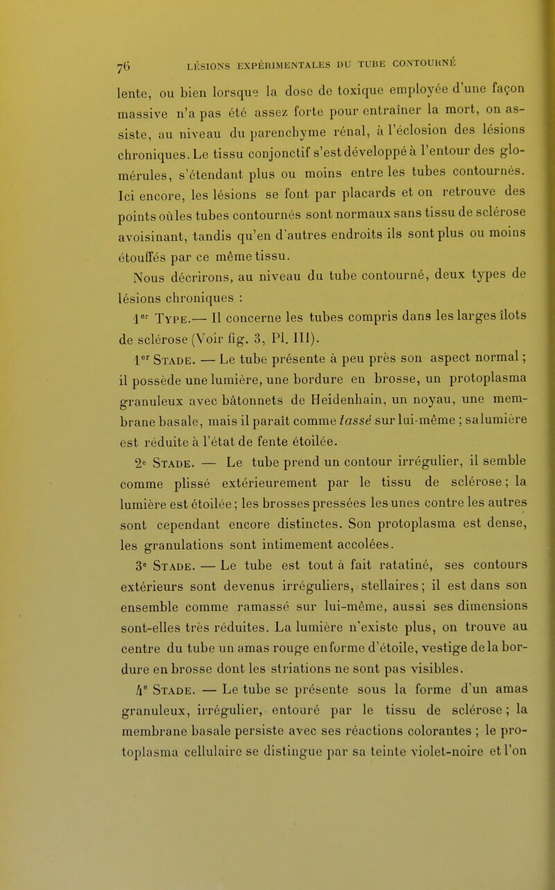 lente, ou bien lorsque la dose de toxique employée dune façon massive n'a pas été assez forte pour entraîner la mort, on as- siste, au niveau du parenchyme rénal, à l'éclosion des lésions chroniques. Le tissu conjonctif s'est développé à l'entour des glo- mérules, s'étendant plus ou moins entre les tubes contournés. Ici encore, les lésions se font par placards et on retrouve des points oùles tubes contournés sont normaux sans tissu de sclérose avoisinant, tandis qu'en d'autres endroits ils sont plus ou moins étouffés par ce même tissu. Nous décrirons, au niveau du tube contourné, deux types de lésions chroniques : 1er Type.— Il concerne les tubes compris dans les larges îlots de sclérose (Voir fîg. 3, Pl. III). 1er Stade. — Le tube présente à peu près son aspect normal ; il possède une lumière, une bordure en brosse, un protoplasma granuleux avec bâtonnets de Heidenhain, un noyau, une mem- brane basale, mais il paraît comme tassé sur lui-même ; salumière est réduite à l'état de fente étoilée. 2e Stade. — Le tube prend un contour irrégulier, il semble comme plissé extérieurement par le tissu de sclérose ; la lumière est étoilée ; les brosses pressées les unes contre les autres sont cependant encore distinctes. Son protoplasma est dense, les granulations sont intimement accolées. 3e Stade. — Le tube est tout à fait ratatiné, ses contours extérieurs sont devenus irréguliers, stellaires; il est dans son ensemble comme ramassé sur lui-même, aussi ses dimensions sont-elles très réduites. La lumière n'existe plus, on trouve au centre du tube un amas rouge en forme d'étoile, vestige delà bor- dure en brosse dont les striations ne sont pas visibles. ke Stade. — Le tube se présente sous la forme d'un amas granuleux, irrégulier, entouré par le tissu de sclérose; la membrane basale persiste avec ses réactions colorantes ; le pro- toplasma cellulaire se distingue par sa teinte violet-noire et l'on