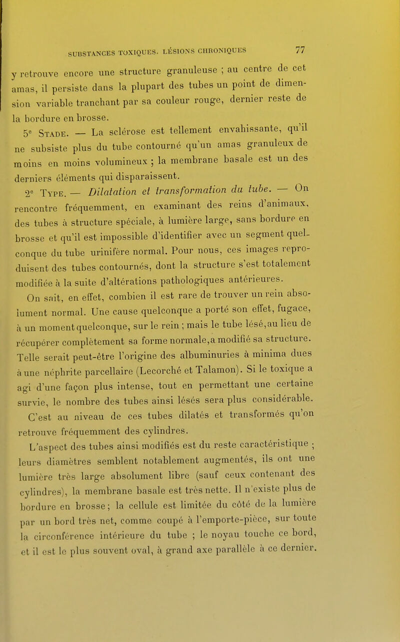 y retrouve encore une structure granuleuse ; au centre de cet amas, il persiste dans la plupart des tubes un point de dimen- sion variable tranchant par sa couleur rouge, dernier reste de la bordure en brosse. 5° Stade. — La sclérose est tellement envahissante, qu'il ne subsiste plus du tube contourné qu'un amas granuleux de moins en moins volumineux ; la membrane basale est un des derniers éléments qui disparaissent. 2e Type. — Dilatation et transformation du tube. — On rencontre fréquemment, en examinant des reins d'animaux, des tubes à structure spéciale, à lumière large, sans bordure en brosse et qu'il est impossible d'identifier avec un segment quel- conque du tube urinif'ère normal. Pour nous, ces images repro- duisent des tubes contournés, dont la structure s'est totalement modifiée à la suite d'altérations pathologiques antérieures. On sait, en effet, combien il est rare de trouver un rein abso- lument normal. Une cause quelconque a porté son effet, fugace, à un moment quelconque, sur le rein ; mais le tube lésé,au lieu de récupérer complètement sa forme normale,a modifié sa structure. Telle serait peut-être l'origine des albuminuries à minima dues à une néphrite parcellaire (Lecorché et Talamon). Si le toxique a agi d'une façon plus intense, tout en permettant une certaine survie, le nombre des tubes ainsi lésés sera plus considérable. C'est au niveau de ces tubes dilatés et transformés qu'on retrouve fréquemment des cylindres. L'aspect des tubes ainsi modifiés est du reste caractéristique ; leurs diamètres semblent notablement augmentés, ils ont une lumière très large absolument libre (sauf ceux contenant des cylindres), la membrane basale est très nette. Il n'existe plus de bordure en brosse ; la cellule est limitée du côté de la lumière par un bord très net, comme coupé à l'emporte-pièce, sur toute la circonférence intérieure du tube ; le noyau touche ce bord, et il est le plus souvent oval, à grand axe parallèle à ce dernier.