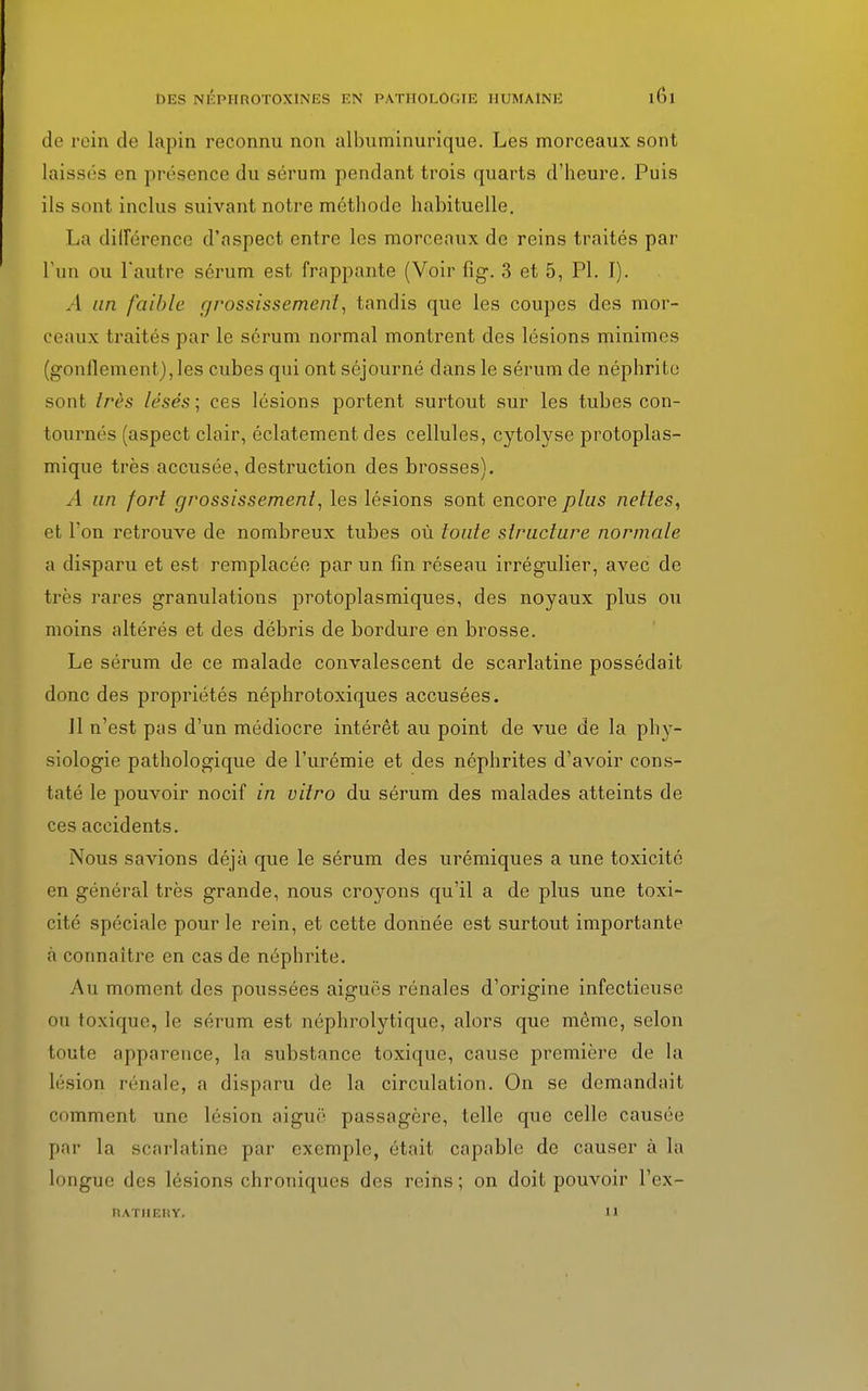 de rein de lapin reconnu non albuminurique. Les morceaux sont laissés en présence du sérum pendant trois quarts d'heure. Puis ils sont inclus suivant notre méthode habituelle. La différence d'aspect entre les morceaux de reins traités par L'un ou l'autre sérum est frappante (Voir fig. 3 et 5, Pl. I). A un faible grossissement, tandis que les coupes des mor- ceaux traités par le sérum normal montrent des lésions minimes (gonflement), les cubes qui ont séjourné dans le sérum de néphrite sont très lésés; ces lésions portent surtout sur les tubes con- tournés (aspect clair, éclatement des cellules, cytolyse protoplas- mique très accusée, destruction des brosses). A un fort grossissement, les lésions sont encore plus nettes, et l'on retrouve de nombreux tubes où toute structure normale a disparu et est remplacée par un fin réseau irrégulier, avec de très rares granulations protoplasmiques, des noyaux plus ou moins altérés et des débris de bordure en brosse. Le sérum de ce malade convalescent de scarlatine possédait donc des propriétés néphrotoxiques accusées. 11 n'est pas d'un médiocre intérêt au point de vue de la phy- siologie pathologique de l'urémie et des néphrites d'avoir cons- taté le pouvoir nocif in vitro du sérum des malades atteints de ces accidents. Nous savions déjà que le sérum des urémiques a une toxicité en général très grande, nous croyons qu'il a de plus une toxi- cité spéciale pour le rein, et cette donnée est surtout importante à connaître en cas de néphrite. Au moment des poussées aiguës rénales d'origine infectieuse ou toxique, le sérum est néphrolytique, alors que même, selon toute apparence, la substance toxique, cause première de la lésion rénale, a disparu de la circulation. On se demandait, comment une lésion aiguë passagère, telle que celle causée par la scarlatine par exemple, était capable de causer à La longue des lésions chroniques des reins; on doit pouvoir l'ex- R ATII EliY. 11