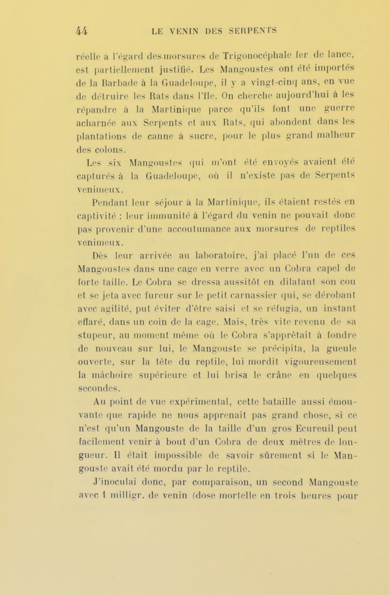 réelle n l'égard desmorsures de Trigonocéphale fer de lance, est partiellemenl justifié. Les Mangoustes onl été importés de la Barbade à la Guadeloupe, il y a vingt-cinq ans, en vue de détruire les Rats dans L'Ile. On cherche aujourd'hui à les répandre à la Martinique parce qu'ils fonl une guerre acharnée aux Serpents el aux liais, qui abondenl dans les plantations de canne à sucre, pour le plus grand malheur des colons. Les six Mangoustes <|«ii m'ont été envoyés avaient été capturés à la Guadeloupe, où il n'existe pas de Serpents venimeux. Pendanl leur séjour à la Martinique, ils étaienl restés en captivité: leur immunité à l'égard du venin ne pouvait donc pas provenir d'une accoutumance aux morsures de reptiles venimeux. Dès leur arrivée au laboratoire, j'ai placé l'un de ces Mangoustes dans une cage en verre avec un Cobra cape] de forte taille. Le Cobra se dressa aussitôt en dilatant son cou et se jeta avec fureur sur le petit carnassier qui, se dérobant avec agilité, put éviter d'être saisi el se réfugia, un instant effaré, dans un coin de la cage. Mais, très vite revenu de sa stupeur, au moment même où le Cobra s'apprêtait à fondre de nouveau sur lui, le Mangouste se précipita, La gueule ouverte, sur la tête du reptile, lui mordit vigoureusement la mâchoire supérieure et lui brisa le crâne en quelques secondes. Au poinl de vue expérimental, cette bataille aussi ('mou- vante que rapide ne nous apprenait pas grand chose, si ce n'est qu'un Mangouste de la taille d'un gros Ecureui] peut facilement venir à bout d'un Cobra de deux mètres de lon- gueur. Il était impossible de savoir sûremenl si le Man- gouste avait été mordu par le reptile. .l'inoculai donc, par comparaison, un second Mangouste avec 1 milligr. de venin (dose mortelle en trois heures pour