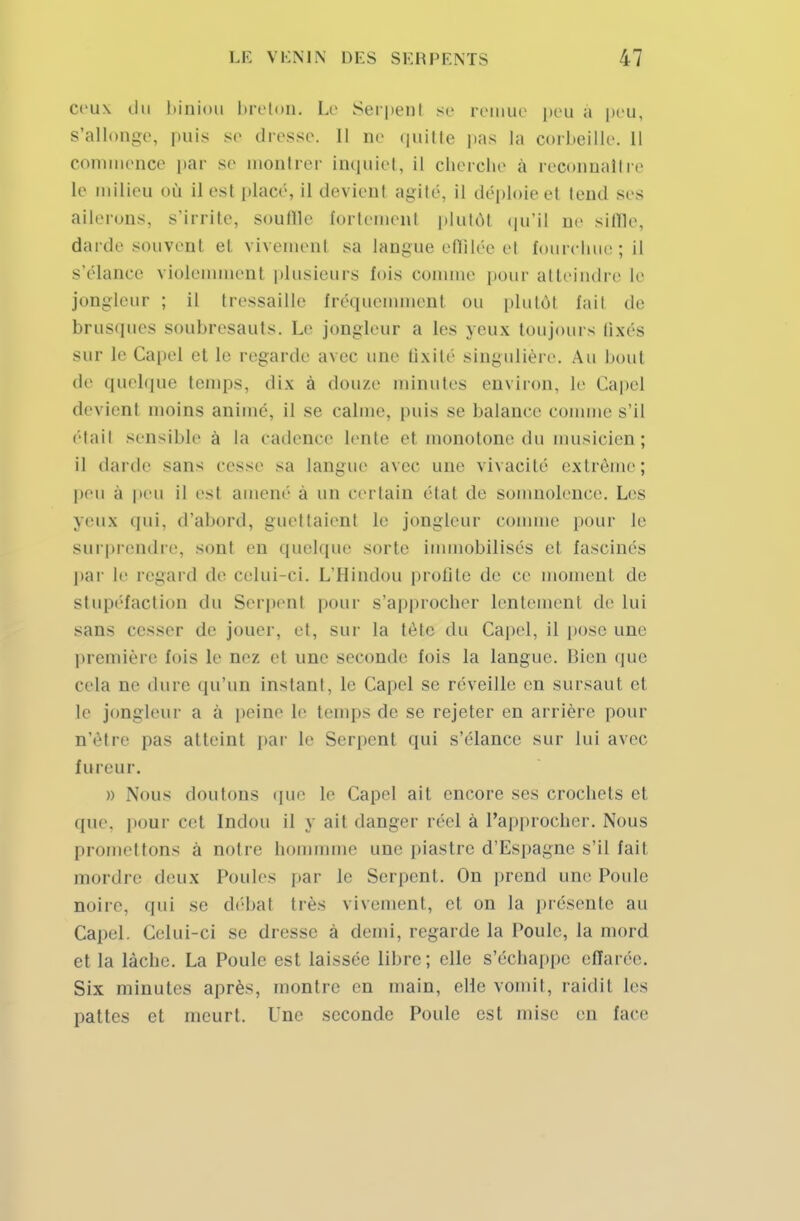 ceux du biniou breton. Le Serpenl se remue peu à peu, s'allonge, puis se dresse. 11 ne «initie pas la corbeille. 11 commence par se mont i ci- inquiet, il cherche à reconnaître Le milieu où il est placé, il devient agité, il déploie et tend ses ailerons, s'irrite, souille fortement plutôt qu'il ne silïle, darde souvent et vivemenl sa langue effilée et fourchue ; il s'élance violet snl plusieurs fois comme pour atteindre le jongleur ; il tressaille fréquemment ou plutôt fait de brusques soubresauts. Le jongleur a les yeux toujours lixés sur Le Capel et le regarde avec une fixité singulière. Au bout de quelque temps, dix à douze minutes environ. Le Capel devient moins animé, il se calme, puis se balance comme s'il étail sensible à la cadence Lente et monotone du musicien ; il darde sans cesse sa Langue avec une vivacité extrême; peu à peu il est amené à un certain élat de somnolence. Les yeux qui, d'abord, guettaient le jongleur comme pour Le surprendre, sont en quelque sorte immobilisés et fascinés par Le regard de celui-ci. L'Hindou profite de ce moment de stupéfaction du Serpenl pour s'approcher Lentement île Lui sans cesser de jouer, et, sur la tète du Capel, il pose une première fois le nez et une seconde fois la langue. Uien que cela ne dure qu'un instant, le Capel se réveille en sursaut, et le jongleur a à peine le temps de se rejeter en arrière pour n'être pas atteint par Le Serpent qui s'élance sur lui avec fureur. » Nous doutons que Le Capel ait encore ses crochets et que. pour cet Lndou il y ait danger réel à l'approcher. Nous promettons à notre homrnme une piastre d'Espagne s'il fait mordre deux Poules par Le Serpent. On prend une Poule noire, qui se débat très vivement, et on la présente au Capel. Celui-ci se dresse à demi, regarde la Poule, la mord et la lâche. La Poule est laissée libre ; elle s'échappe effarée. Six minutes après, montre en main, elle vomit, raidit les pattes et meurt. Une seconde Poule est mise en face