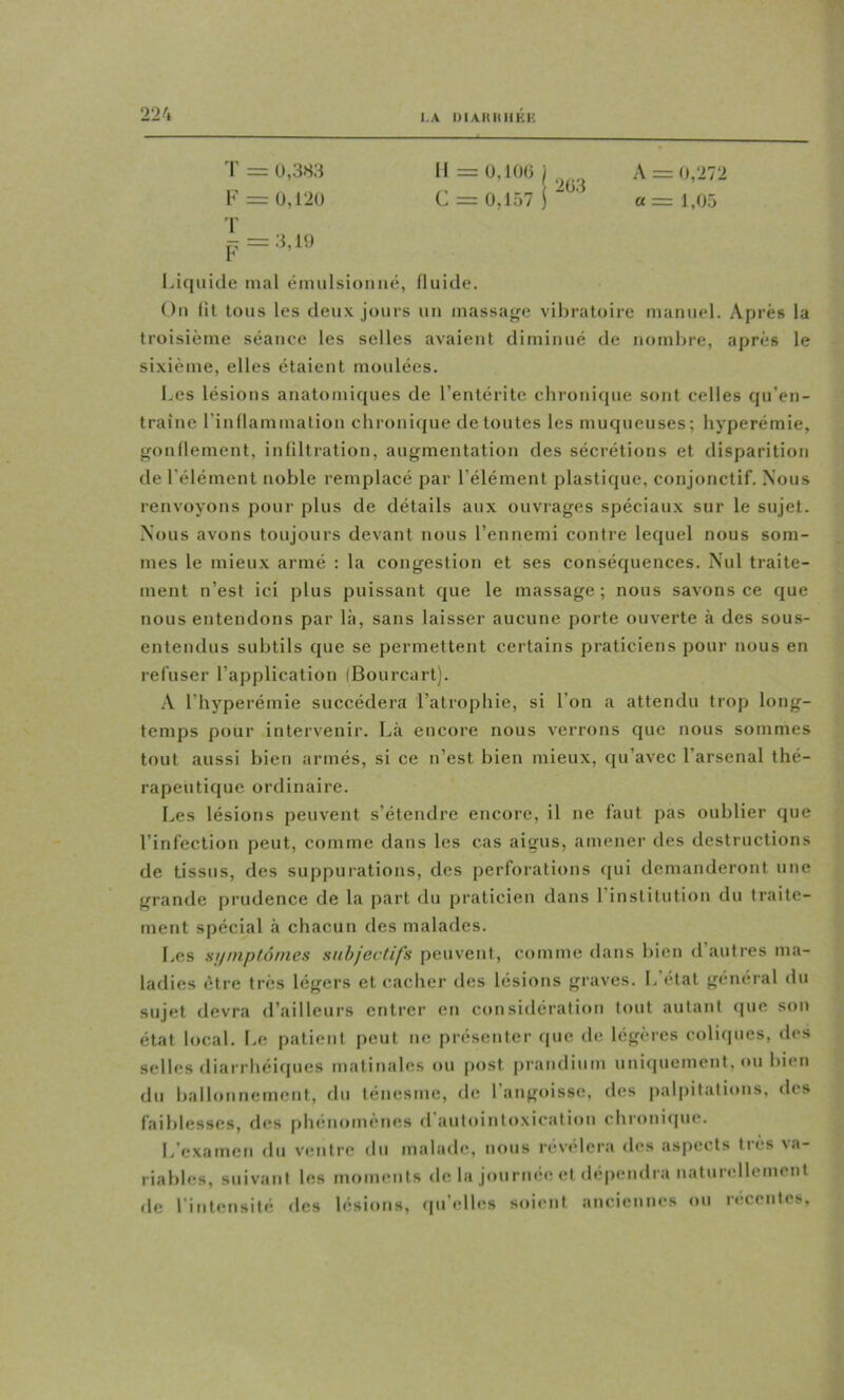 I.A DiAftllIIKH T = U,383 II = ü, 100 ) A = 0,272 K = 0,120 C = 0,157 P’ a = 1,05 Liquide mal émulsionné, fluide. On lit tous les deux jours un massage vibratoire manuel. Après la troisième séance les selles avaient diminué de nombre, après le sixième, elles étaient moulées. Les lésions anatomiques de l’entérite chronique sont celles qu’en- traine l’inllammation chronique de toutes les muqueuses; hyperémie, gondement, inliltration, augmentation des sécrétions et disparition de l'élément noble remplacé par l’élément plastique, conjonctif. Nous renvoyons pour plus de détails aux ouvrages spéciaux sur le sujet. Nous avons toujours devant nous l’ennemi contre lequel nous som- mes le mieux armé : la congestion et ses conséquences. Nul traite- ment n’est ici plus puissant que le massage ; nous savons ce que nous entendons par là, sans laisser aucune porte ouverte à des sous- entendus subtils que se permettent certains praticiens pour nous en refuser l’application (Bourcart). A l’hyperémie succédera l’atrophie, si l’on a attendu trop long- temps pour intervenir. Là encore nous verrons que nous sommes tout aussi bien armés, si ce n’est bien mieux, (ju’avec l’arsenal thé- rapeutique ordinaire. Les lésions peuvent s’étendre encore, il ne faut pas oublier que l’infection peut, comme dans les cas aigus, amener des destructions de tissus, des suppurations, des perforations ((ui demanderont une grande prudence de la part du praticien dans 1 institution du traite- ment spécial à chacun des malades. Les sif/npf.ô/nes subjecfi/’s peuvent, comme dans hien d autres ma- ladies être très légers et cacher des lésions graves. L'état général du sujet devra d’ailleurs entrer en considération tout autant (pie son état local. Le patient peut ne présenter que de légères colicpies, des selles diarrhéi(pies matinales ou post prandium unicpiement, ou hien du ballonnement, du téniisme, de l’angoisse, des j)al[)itations, des faiblesses, d(^s jihénomènes d autointoxi('ation chi’oniipic. L’examen du ventre du malade, nous nivélera des aspects très va- riables, suivant les moments de la journée et dépendra naturellement de l’intensité des lésions, rpi’elles soient anciennes ou récentes.