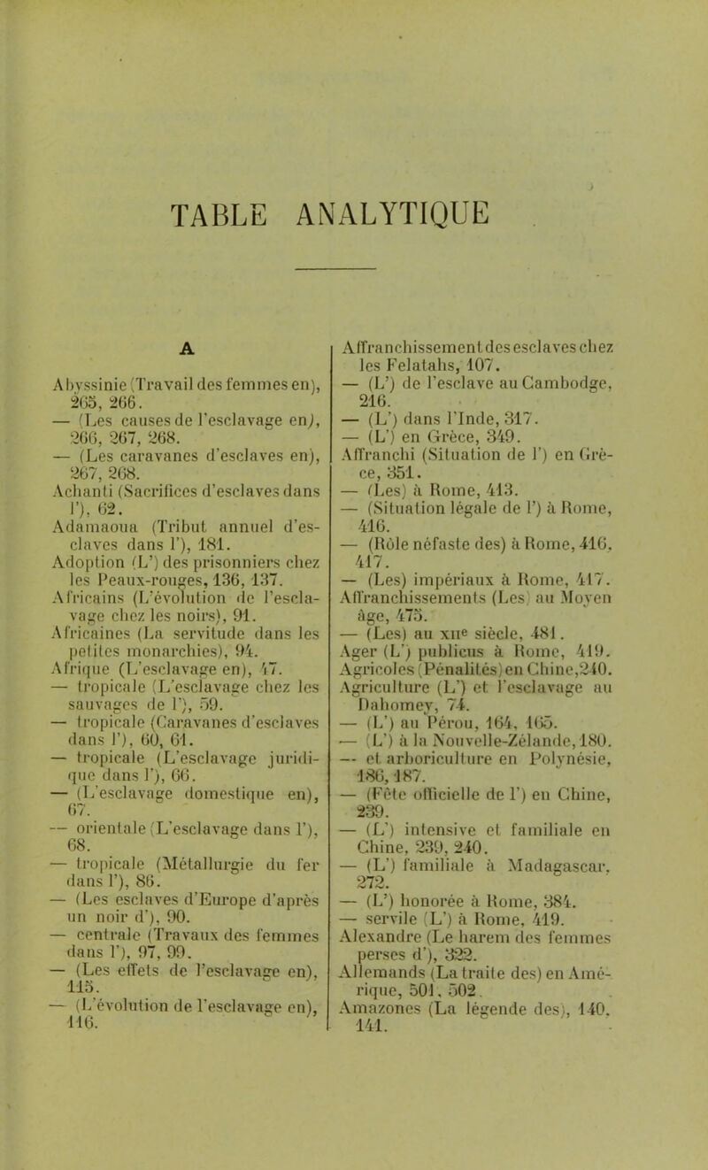 TABLE ANALYTIQUE A Abvssinie (Travail des femmes en), 263 , 266. — (Les causes de l'esclavage enj, 266, 267, 268. — (Les caravanes d’esclaves en), 267, 268. Achanti (Sacrifices d’esclaves dans 0, 62. Adamaoua (Tribut annuel d’es- claves dans 1’), 181. Adoption (L’) des prisonniers chez les Peaux-rouges, 136,137. Africains (L’évolution de l’escla- vage chez les noirs), 91. Africaines (La servitude dans les petites monarchies), 94. Afrique (L’esclavage en), 47. — tropicale (L’esclavage chez les sauvages de T), 59. — tropicale (Caravanes d’esclaves dans T), 60, 61. — tropicale (L’esclavage juridi- que dans T), 66. — (L’esclavage domestique en), 67. — orientale (L’esclavage dans T), 68. — tropicale (Métallurgie du fer dans T), 86. — (Les esclaves d’Europe d’après un noir d’), 90. — centrale (Travaux des femmes dans T), 97, 99. — (Les effets de l’esclavaee en), 113. — (L évolution de l’esclavage en), 116. Affranchissementdes esclaves chez les Felatahs, 107. — (L’) de l’esclave au Cambodge, 216. — (L’) dans l’Inde, 317. — (L’) en Grèce, 349. Affranchi (Situation de 1’) en Grè- ce, 351. — (Les) à Rome, 413. — (Situation légale de 1’) à Rome, 416. — (Rôle néfaste des) à Rome, 416, 417. — (Les) impériaux à Rome, 447. Affranchissements (Les au Moyen âge, 473. — (Les) au xue siècle, 481. Ager (L’) puhlicus à Rome, 419. Agricoles (Pénalités)en Chine,240. Agriculture (L’) et l’esclavage au Dahomey, 74. — (L’) au Pérou, 164. 165. •— (L’) àla Nouvelle-Zélande, 180. — et arboriculture en Polynésie, 186,187. — (Fête officielle de F) en Chine, 239. — (L’) intensive et familiale en Chine, 239, 240. — (L’) familiale 272. à Madagascar, — (L’) honorée à Rome, 384. — servile (L’) à Rome, 419. Alexandre (Le harem des femmes perses d’), 322. Allemands (La traite des) en Amé- rique, 501.502 Amazones (La légende des , 140. 141.