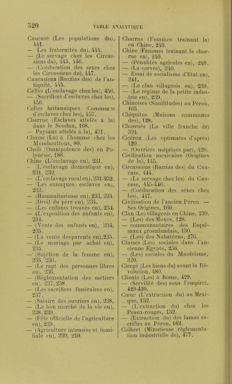 Caucase (Les populations du), 441. — Les fraternités du). 444. — (Le servage chez les Circas- siens du), 445, 446. — (Coéducation des sexes chez les Circassiens du), 447. Caucasiens (Razzias des) de l’an- tiquité, 445. Celles (L'esclavage chez les), 456. — (Sacrifices d’esclaves chez les), 456. Celtes britanniques (Commerce d’esclaves chez les), 457. Charrue (Esclaves attelés à la) dans le Soudan, 108. — Paysans attelés à la), 471. Chasse (La) à l’homme chez les Mombouttous, 80. Chefs (Omnipotence des) en Po- lynésie, 188. Chine (L’esclavage en), 231. — (L’esclavage domestique en), 231, 232. — (L’esclavage rural en), 231-232. — (Les eunuques esclaves en), 232. — (Humanitarisme en),233, 234. — (Droit du père en), 234. — (Les enfants trouvés en), 234. — (L’exposition des enfants en), 234. — (Vente des enfants en), 234, 235. — (La vente des parents en),235. — (Le mariage par achat en), 235. — (Sujétion de la femme en), 235/236. — (Le rapt des personnes libres en), 236. — (Règlementation des métiers en). 237,238. — (Les sacrifices funéraires en), 237. — (Salaire des ouvriers en), 238, — (Le bon marché de la vie en), 238,239. — (Fête officielle de l’agriculture en), 239. — (Agriculture intensive et fami- liale en), 239, 240. Charrue (Femmes traînant la) en Chine, 240. Chine (Femmes traînant la char- rue en), 240. — (Pénalités agricoles en), 240. — (La corvée), 240. — Essai de socialisme d’Etat en), 241. — (Le clan villageois en), 239. — (Le régime de la petite indus- trie en), 239. Chinoises (Similitudes) au Pérou, 165. Chiquitos (Maisons communes des), 128. Chosroès (La ville franche de) .324. Cicéron (Les optimales d’après) 420. — (Ouvriers méprisés par), 426. Civilisation mexicaine (Origines de la), 145. Circassiens (Razzias des) du Cau- case, 444. — (Le servage chez les) du Cau- case, 445-446. — (Coéducation des sexes chez les), 447. Civilisation de l’ancien Pérou. — Ses Origines, 160. Clan (Le) villageois en Chine, 239. — (Les) des Moxos, 128. — communautaires des Esqui- maux groenlandais, 130. — (Les) des Nabatéens, 276. Classes (Les) sociales dans l’an- cienne Egypte, 256. — (Les) sociales du Mazdéisme, 320. Clergé (Les biens du) avant la Ré- volution, 480. Clients (Les) à Rome, 429. — (Servilité des) sous l’empire), 429-430. Cœur (L’extraction du) au Mexi- que, 152. — (L’extraction du) chez les Peaux-rouges, 152. — (Extraction du) des lamas sa- crifiés au Pérou, 162. Colbert (Minutieuse règlementa- tion industrielle de), 477.