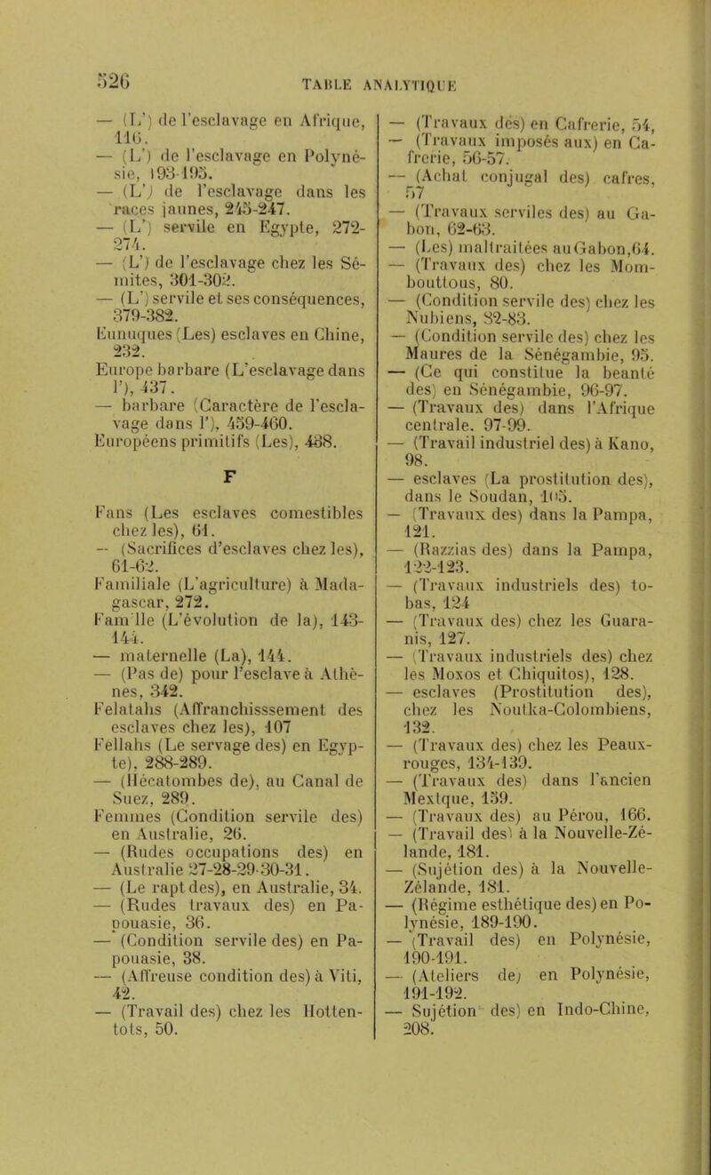 — (L’) de l’esclavage en Afrique, 116. — (L’) de l’esclavage en Polyné- sie, 193 195. — (L’J de l’esclavage dans les races jaunes, 245-2-47. — (L’) servile en Egvple, 272- 274. — (L’) de l’esclavage chez les Sé- mites, 301-302. — (L’) servile et ses conséquences, 379-382. Eunuques (Les) esclaves en Chine, 232. Europe barbare (L’esclavage dans P), 437. — barbare (Caractère de l'escla- vage dans 1’), 459-460. Européens primitifs (Les), 438. F Fans (Les esclaves comestibles chez les), 64. — (Sacrifices d’esclaves chez les), 61-62. Familiale (L’agriculture) à Mada- gascar, 272. Fam lie (L’évolution de la), 143- 144, — maternelle (La), 144. — (Pas de) pour l’esclave à Athè- nes, 342. Felatahs (Affranchisssement des esclaves chez les), 107 Fellahs (Le servage des) en Egvp- te), 288-289. — (Hécatombes de), au Canal de Suez, 289. Femmes (Condition servile des) en Australie, 26. — (Rudes occupations des) en Australie 27-28-29-30-31. — (Le rapt des), en Australie, 34. — (Piudes travaux des) en Pa- pouasie, 36. — (Condition servile des) en Pa- pouasie, 38. — (Affreuse condition des) à Viti, 42. —- (Travail des) chez les Hotten- tots, 50. — (Travaux dés) en Cafrerie, 54, — (Travaux imposés aux) en Ca- frerie, 56-57. — (Achat conjugal des) cafres, 57 — (Travaux serviles des) au Ga- bon, 62-63. — (Les) maltraitées au Gabon,64. — (Travaux des) chez les Mom- bouttous, 80. — (Condition servile des) chez les Nubiens, 82-83. — (Condition servile des) chez les Maures de la Sénégambie, 95. — (Ce qui constitue la beanlé des) en Sénégambie, 96-97. — (Travaux des) dans l’Afrique centrale. 97-99. — (Travail industriel des) à Kano, 98. — esclaves (La prostitution des), dans le Soudan, 1<'5. — (Travaux des) dans la Pampa, 121. — (Razzias des) dans la Pampa, 122-123. — (Travaux industriels des) to- bas, 124 — (Travaux des) chez les Guara- nis, 127. — (Travaux industriels des) chez les Moxos et Cbiquitos), 128. — esclaves (Prostitution des), chez les N'outka-Colombiens, 132. — (Travaux des) chez les Peaux- rouges, 134-139. — (Travaux des) dans l’ancien Mexique, 159. — (Travaux des) au Pérou, 166. — (Travail desl à la Nouvelle-Zé- lande, 181. — (Sujétion des) à la Nouvelle- Zélande, 181. — (Régime esthétique des) en Po- lynésie, 189-190. — (Travail des) en Polynésie, 490-191. — (Ateliers de; en Polynésie, 191-192. — Sujétion des) en Indo-Chine, 208.