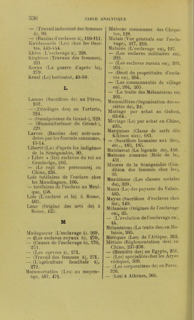 — (Travail industriel des femmes à), 98. — (Razziasd’esclaves à), 110-111. Ivavdassards (Les) chez les Ossè- les, 443-444. Khi va (L’esclavage à), 228. Kirghizcs (Travaux des femmes), 221. Ivoran (La guerre d’après le), 279 Kraal (Le) hottentot, 49-50. L Lamas (Sacrifices de) au Pérou, 162. — (Privilèges des) en Tartarie, 224. — (Omnipotence du Grand-), 229. — (Humanitarisme du Grand-), 229. Larves (Razzias des) noir-cen- drées par les fourmis amazones, , 13-14. Liberté (La) d’après les indigènes de la Sénégambie, 90. «c Libre ® (les) esclaves du roi au Cambodge, 210. — (Le rapt des personnes) en Chine, 236. Lois tutélaires de l’esclave chez les Mandingues, 106. — tutélaires de l’esclave au Mexi- que, 158. Lois (L’esclave et la) à Rome, 403. Luxe (Origine des arts de) à Rome, 425. M Madagascar (L’esclavage à), 269. r- (Les esclaves royaux à), 270. — (Causes de l’esclavage à), 270, 271. — (Les corvées à), 271. — (Travail des femmes à), 271. —v (L’agriculture familiale à), 272. Mainmortables (Les) au moyen- îïge, 467, 471. Maisons communes des Chiqui- tos, 128. Malais (Vue générale sur l’escla- vage), 217, 218. Malaisie (L’esclavage en), 197. — (Les esclaves militaires en), 203. — (Les esclaves ruraux en), 203, 204. — (Droit du propriétaire d’escla- ves en), 204. — (Les communautés de village en), 204, 205. — (La traite des Mélanésiens en) 205. Mammifères (Organisation des so- ciétés de), 22. Mariage par achat au Gabon. 63-64. Mariage (Le) par achat en Chine, 235. Marquises (Classe de serfs dits Ivikinos aux), 183. — (Sacrifices humains aux îles), etc., 183, 185. Matriarcat (La légende du), 140. Matrone romaine (Rôle de la), 431. Maures de la Sénégambie (Con- dition des femmes chez les), 95. Mazdéisme (Les classes sociales du), 320. Mazza (La) des paysans du Valais, 485. Mayas (Sacrifices d’esclaves chez les), 149. Mélanésie (Origines de l’esclavage en), 25. — (L'évolution de l’esclavage en), 44. Mélanésiens (La traite des) en Ma- laisie, 205. Métèques (Les) de l’Attique, 362. Métiers (Règlementation des) en Chine, 237-238. — (Hérédité des) en Egypte, 256. — (Les) spécialités chez les Aryas védiques, 309. — (Les corporations de) en Perse, 326. — (Les) à Athènes, 366.