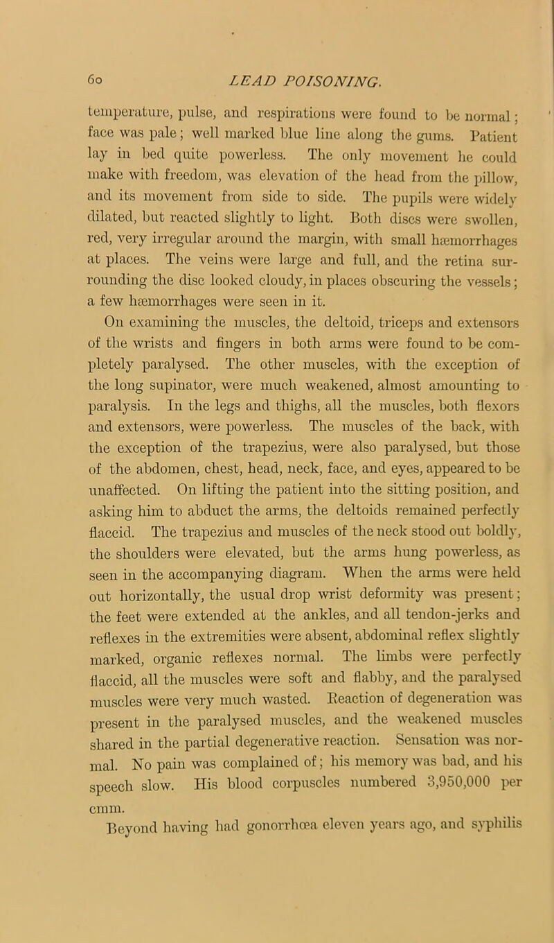 leiiiperaturcj, pulse, and respirations were found to be normal; face was pale; well marked blue line along the gums. Patient lay in bed cpiite powerless. The only movement he could make with freedom, was elevation of the head from the pillow, and its movement from side to side. The pupils were widely dilated, but reacted slightly to light. Both discs were swollen, red, very irregular around the margin, with small h?emorrhages at places. The veins were large and full, and the retina sur- rounding the disc looked cloudy, in places obscuring the vessels; a few htemorrhages were seen in it. On examining the muscles, the deltoid, triceps and extensors of the wrists and fingers in both arms were found to be com- pletely paralysed. The other muscles, with the exception of the long supinator, were much weakened, almost amounting to paralysis. In the legs and thighs, all the muscles, both flexors and extensors, were powerless. The muscles of the back, with the exception of the trapezius, were also paralysed, but those of the abdomen, chest, head, neck, face, and eyes, appeared to be unaffected. On hfting the patient mto the sitting position, and asking him to abduct the arms, the deltoids remained perfectly flaccid. The trapezius and muscles of the neck stood out boldly, the shoulders were elevated, but the arms hung powerless, as seen in the accompanying diagram. When the arms were held out horizontally, the usual drop wrist deformity was present; the feet were extended at the ankles, and all tendon-jerks and reflexes in the extremities were absent, abdominal reflex slightly marked, organic reflexes normal. The limbs were perfectly flaccid, all the muscles were soft and flabby, and the paralysed muscles were very much wasted. Eeaction of degeneration was present in the paralysed muscles, and the weakened muscles shared in the partial degenerative reaction. Sensation was nor- mal. No pain was complained of; his memory was bad, and his speech slow. His blood corpuscles numbered 3,950,000 per cmm. Beyond having had gonorrhoea eleven years ago, and syphilis