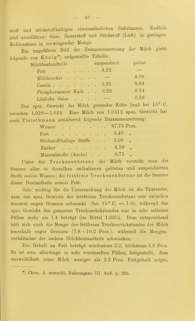 Stoff uud stickstoffhaltigen eiweissähnlichou Substanzen. Endlich sind anzuführen: Gase, Sauerstoff und Stickstoff (Luft) in geringer, Kohlensäure in vorwiegender Menge. Ein ungefähres Bild der Zusammensetzung der Milch giebt folgende von König*) aufgesteUte Tabelle: Milchbestandteile suspendiert gelöst Fett 3.22 - Milchzucker — 4.98 Casein 3.31 0.84 Phosphorsaurer Kalk . . 0.22 0 14 Lösliche Salze .... — 0.39 Das spez. Gewicht der Milch gesunder Kühe liegt bei 15° 0. zwischen 1.029—1.034. Eine Müch von 1.0312 spez. Gewicht hat nach Fleischmann annähernd folgende Zusammensetzung: Wasser 87.75 Proz. Fett 3.40 „ Stickstoffhaltige Stoffe . . 3.00 „ Zucker 4.50 , Mineralstoffe (Asche) . . . 0.75 „ Unter der Trockensubstanz der Milch versteht man die Summe aller in derselben enthaltenen gelösten und suspendierten Stoffe minus Wasser; die fettfreie Trockensubstanz ist die Summe dieser Bestandteile minus Fett. Sehr wichtig für die Untersuchung der Milch ist die Thatsache, dass das spez. Gewicht der fettfreien Trockensubstanz nur zwischen äusserst engen Grenzen schwankt (bei 15° C. = 1.6), während das spez. Gewicht des gesamten Trockenrückstandes nur in sehr seltenen Fällen mehr als 1.4 beträgt (im Mittel 1.335). Dem entsprechend hält sich auch die Menge des fettfreien Trockenrückstandes der Milch innerhalb enger Grenzen (7.8—10.2 Proz.), während die Mengen- verhältnisse der andern Milchbestandteile schwanken. Der Gehalt an Fett beträgt mindestens 2.2, höchstens 4.5 Proz. Es ist nun, allerdings in sehr vereinzelten Fällen, festgestellt, dass unzweifelhaft reine Milch weniger als 2.2 Proz. Fettgehalt zeigte, *) Chem. d. menschl. Nahrungsm. III. Aufl. p. 205.